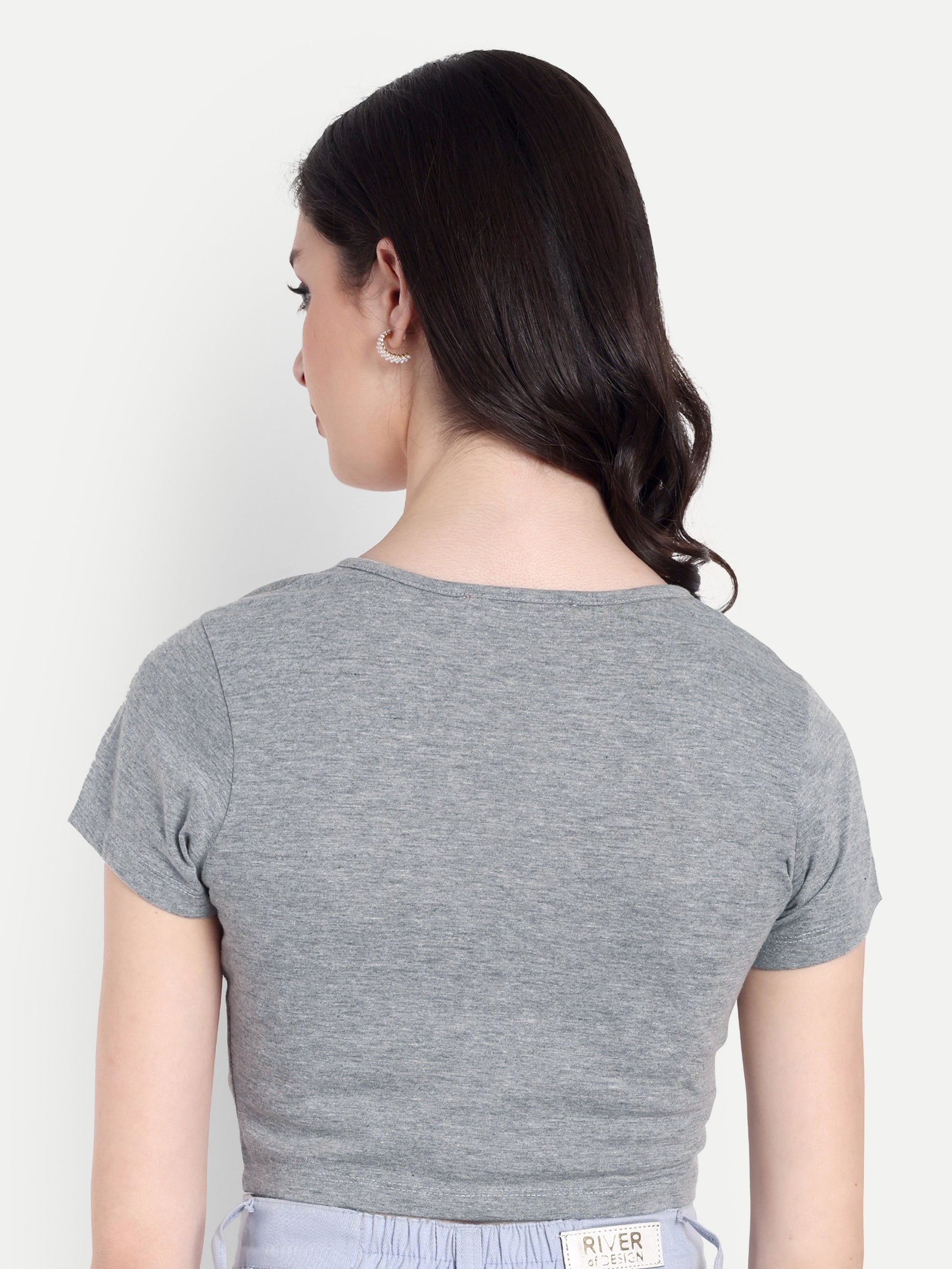 Women's Grey Crop Top with Scoop Neck & Short Sleeves