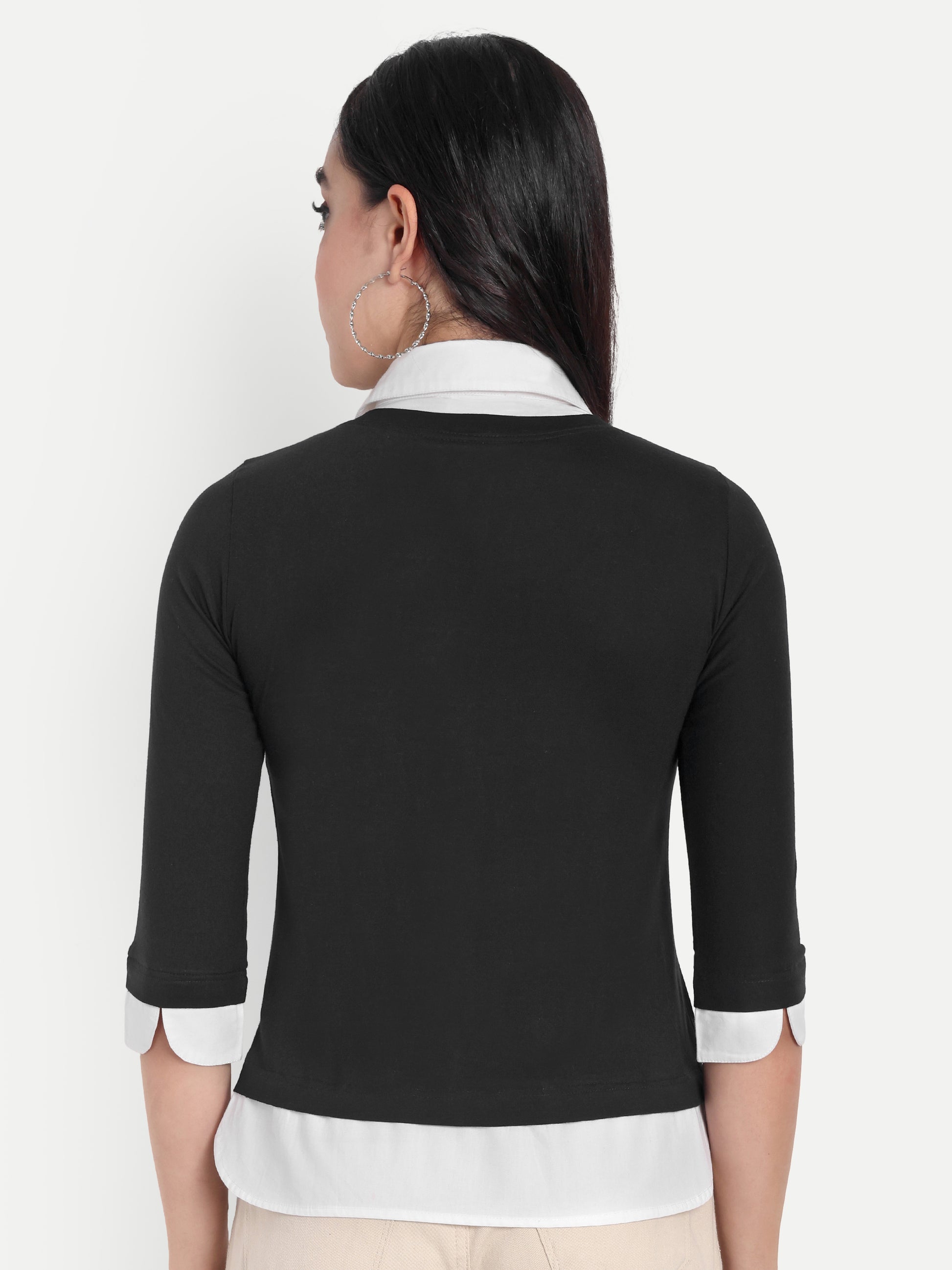 Women's Black Layered Look Top with white Shirt Collar & 3/4 Sleeves