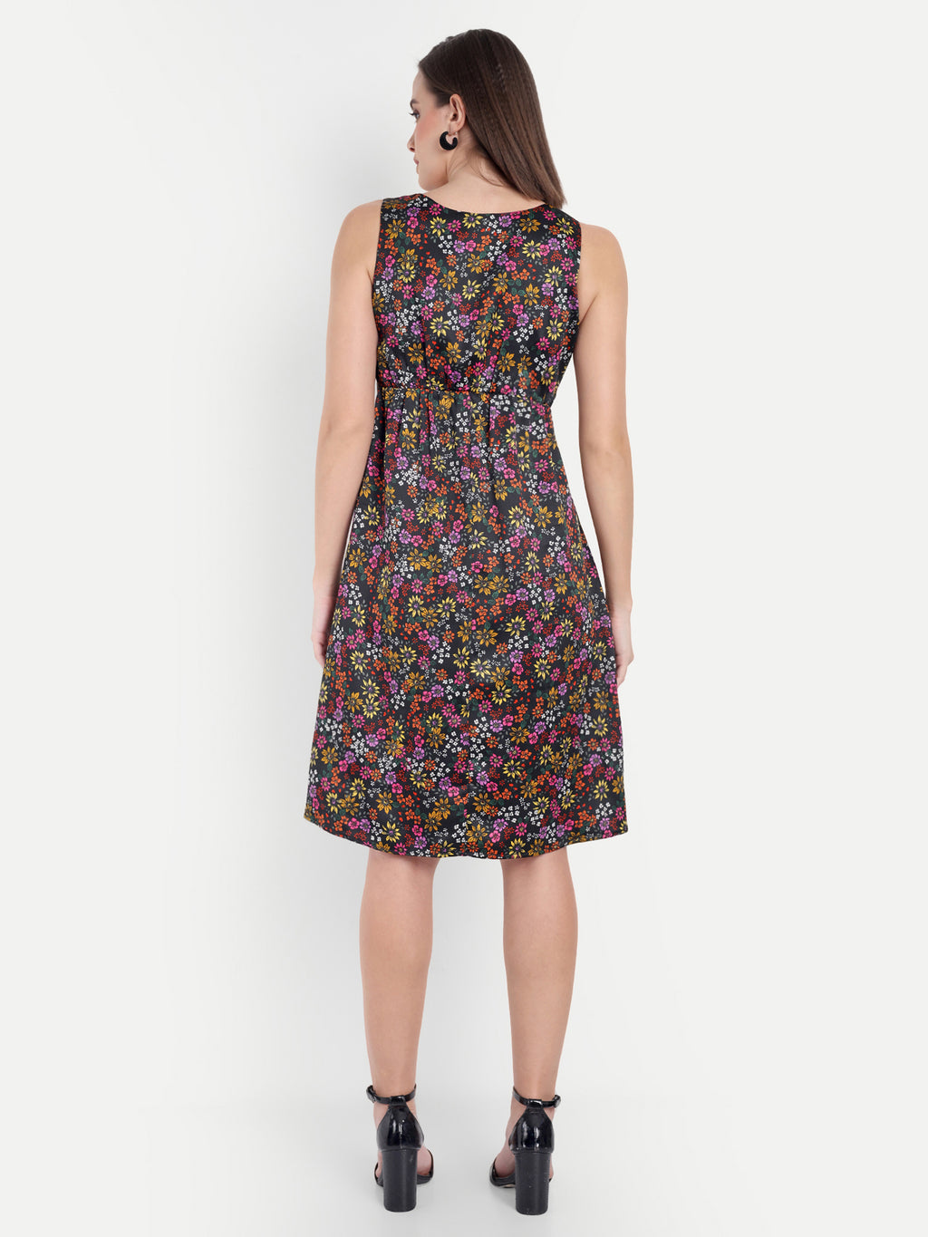 Women's Multicolor Floral Sleeveless A-Line Mini Dress | Elegant Textured Party Wear