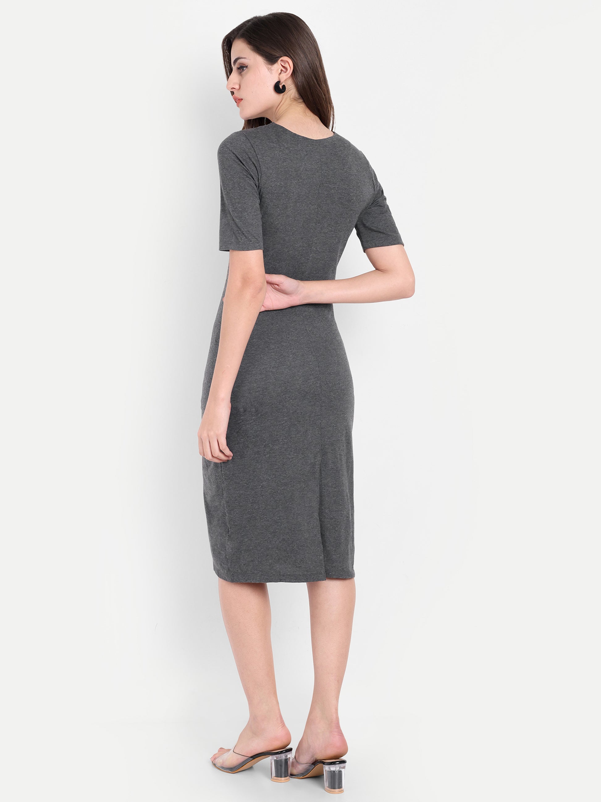 Women's Grey Bodycon Midi Dress | V-Neck | Half Sleeve | Casual & Office Wear