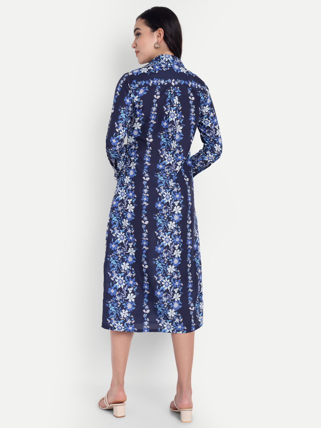 Women's  Blue Floral Dress | Long Sleeve | Belt Tie Waist