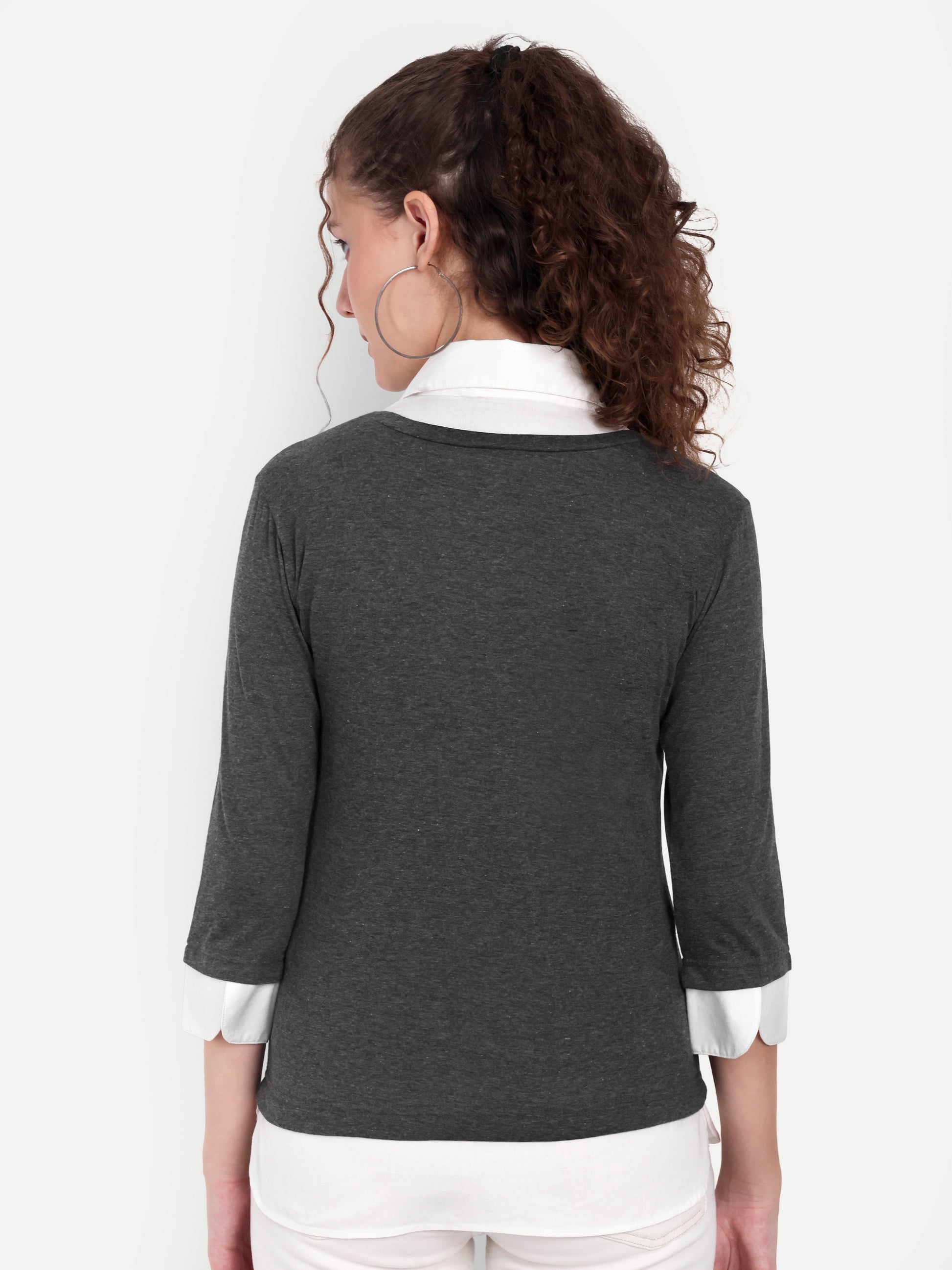 Women's Grey Layered Look Top with White Shirt Collar & 3/4 Sleeves