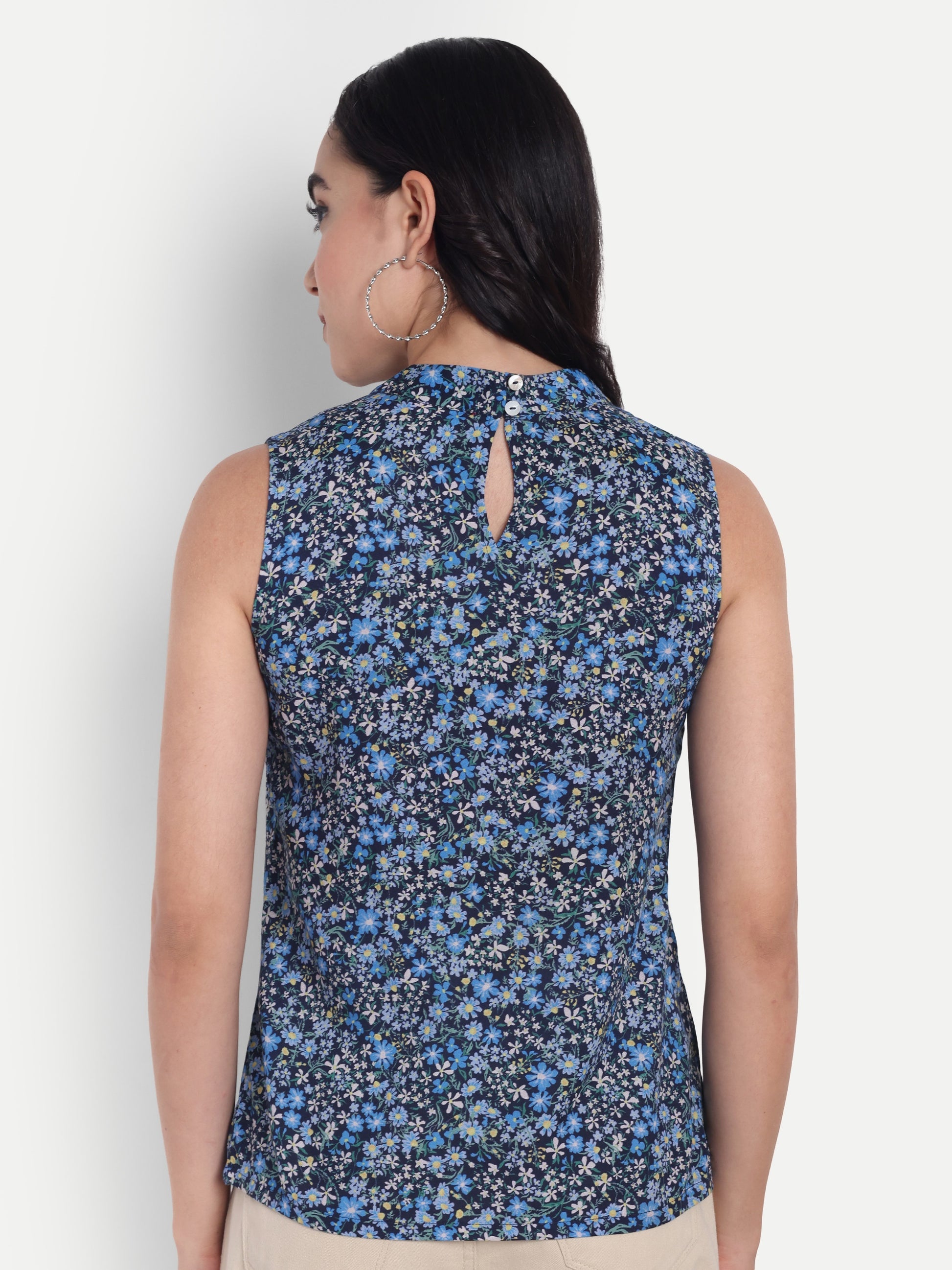 Women's Blue Printed Sleeveless Top | High Neck | Lightweight & Stylish Summer Wear