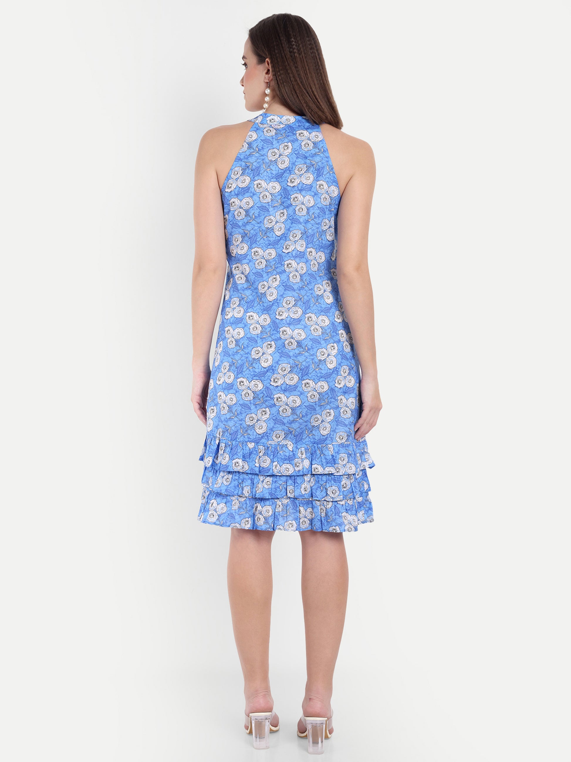 Women's Blue Floral Sleeveless Halter Neck Dress | Tiered Hem | Summer Casual & Party Wear