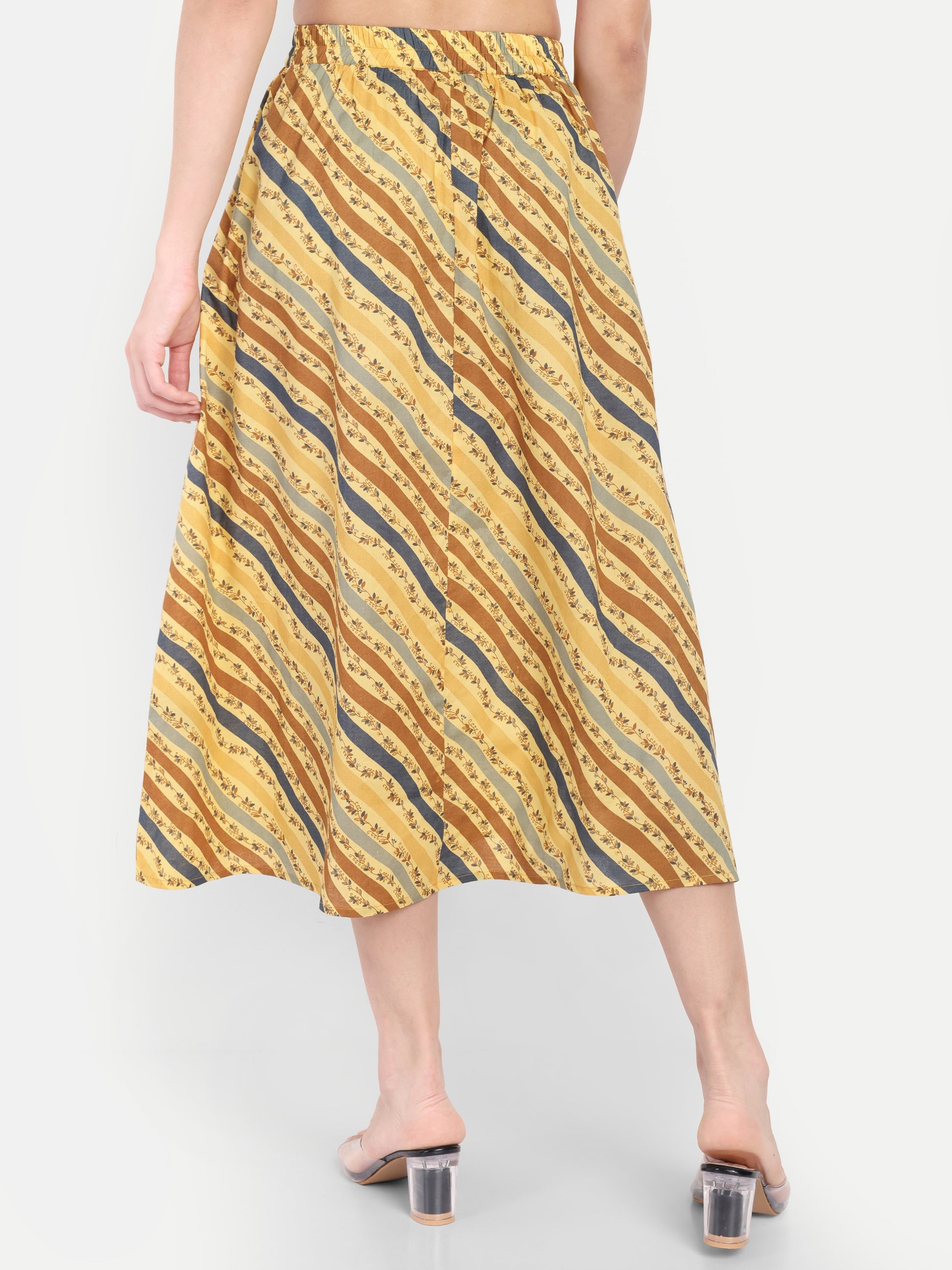 Women's Yellow Striped A-Line Midi Skirt | Casual & Party Wear