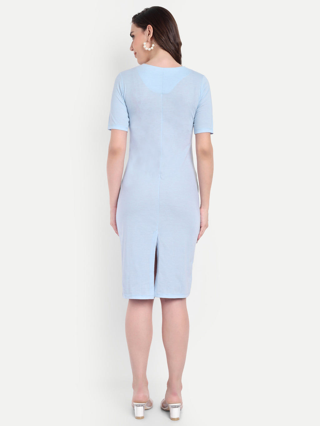 Women's Light Blue Bodycon Midi Dress | V-Neck | Half Sleeve | Casual & Office Wear