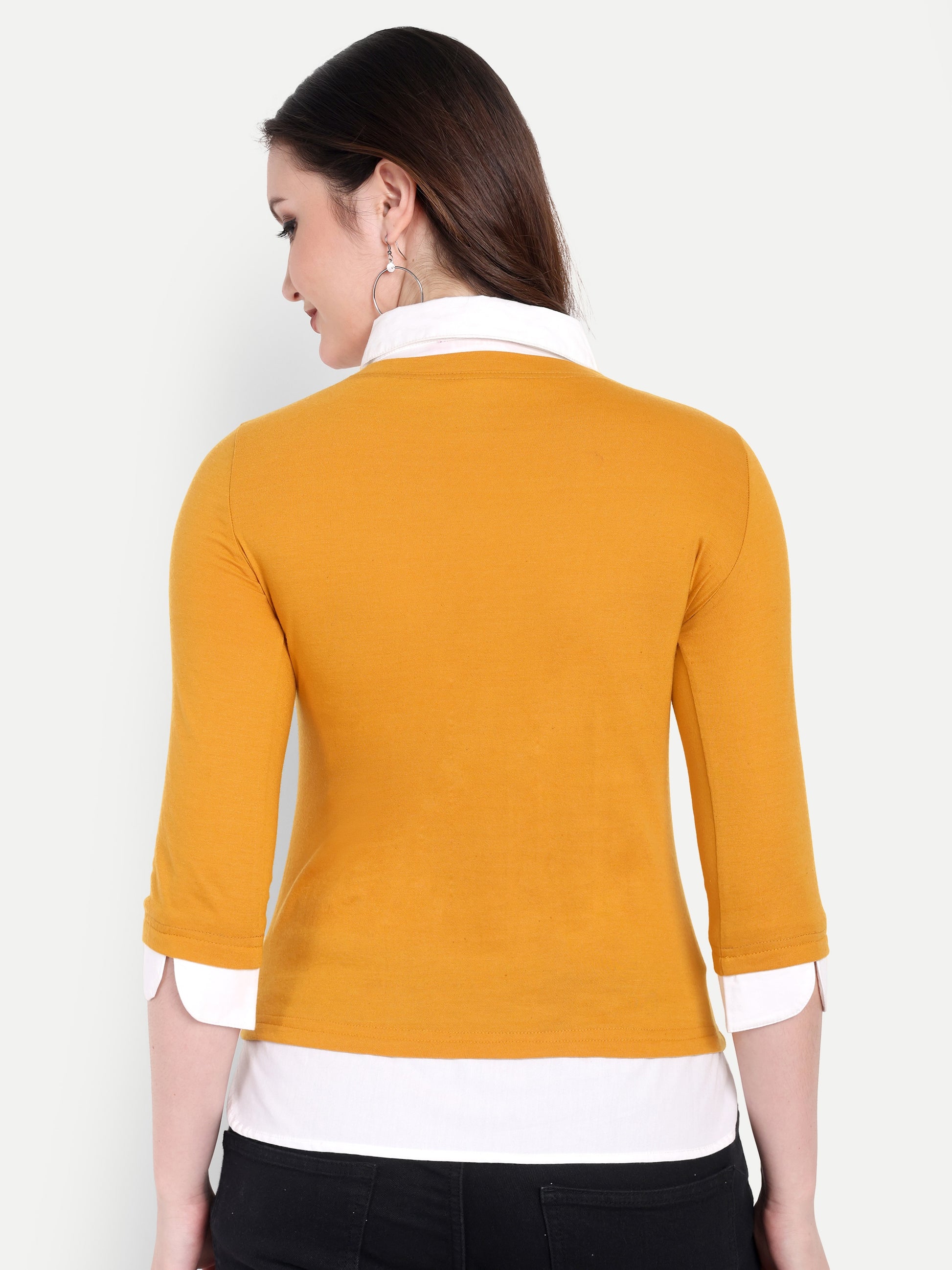 Women's Orange Layered Look Top with white Shirt Collar & 3/4 Sleeves