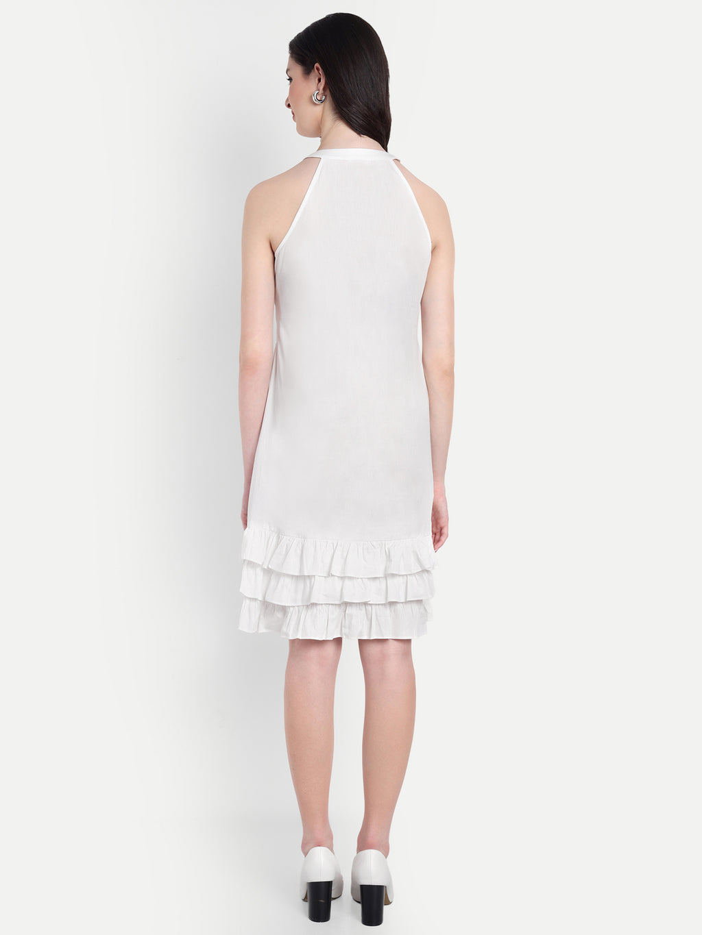 Women's White Sleeveless Halter Neck Dress | Tiered Hem | Summer Casual & Party Wear