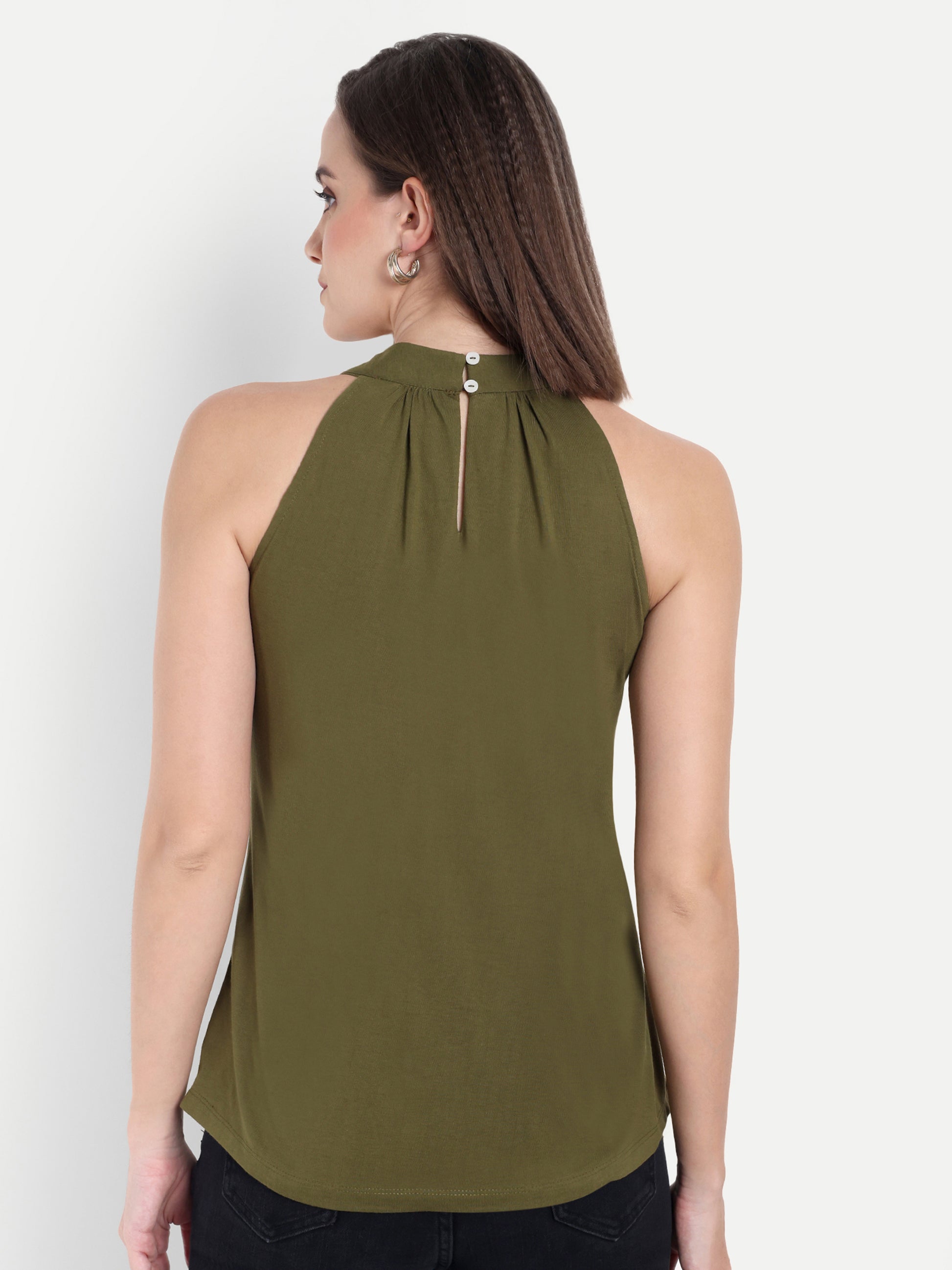Women's Olive Halter Neck Sleeveless Top | Casual & Party Wear