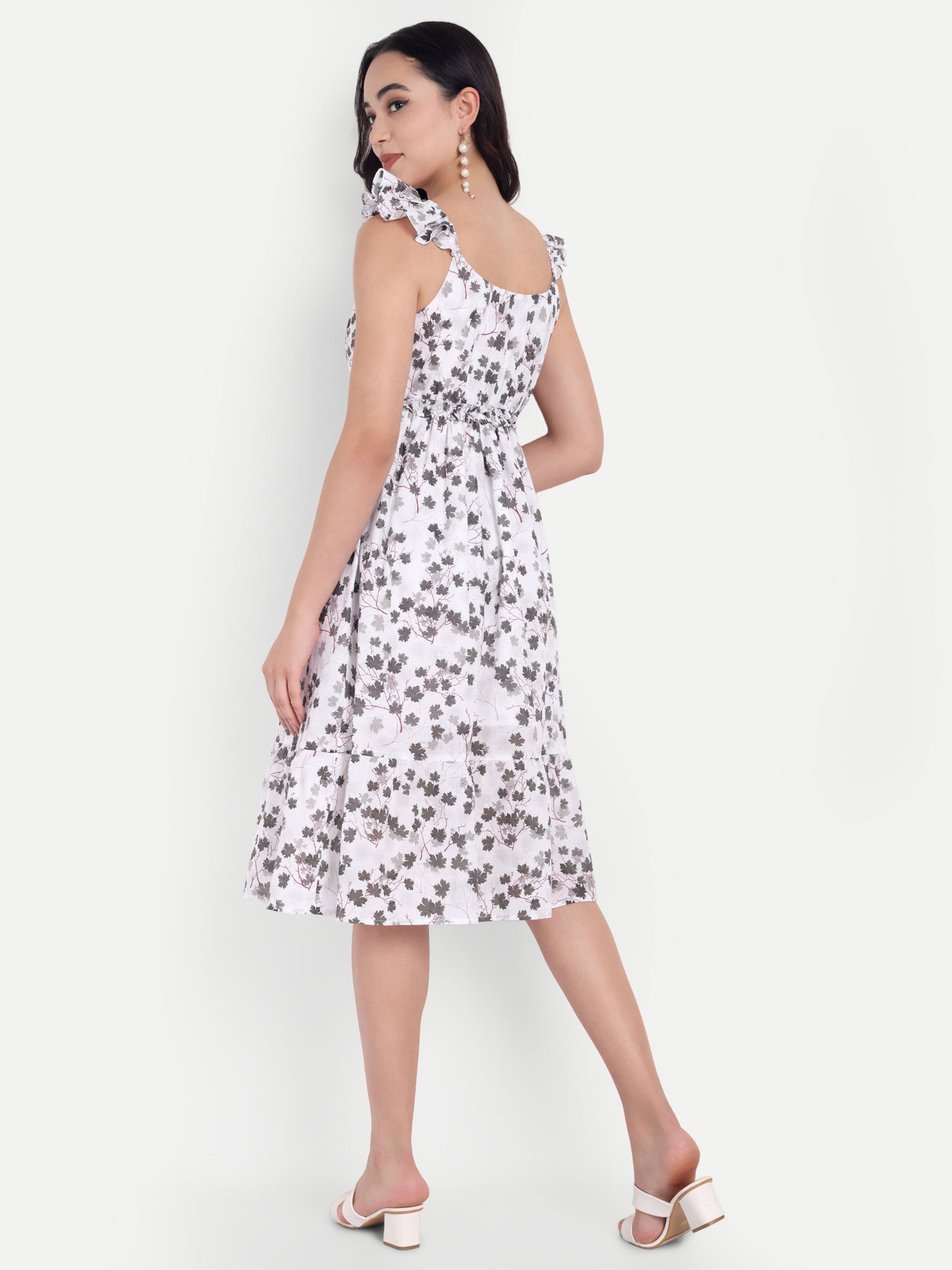 White Sleeveless Floral Midi Dress with Ruffle Straps