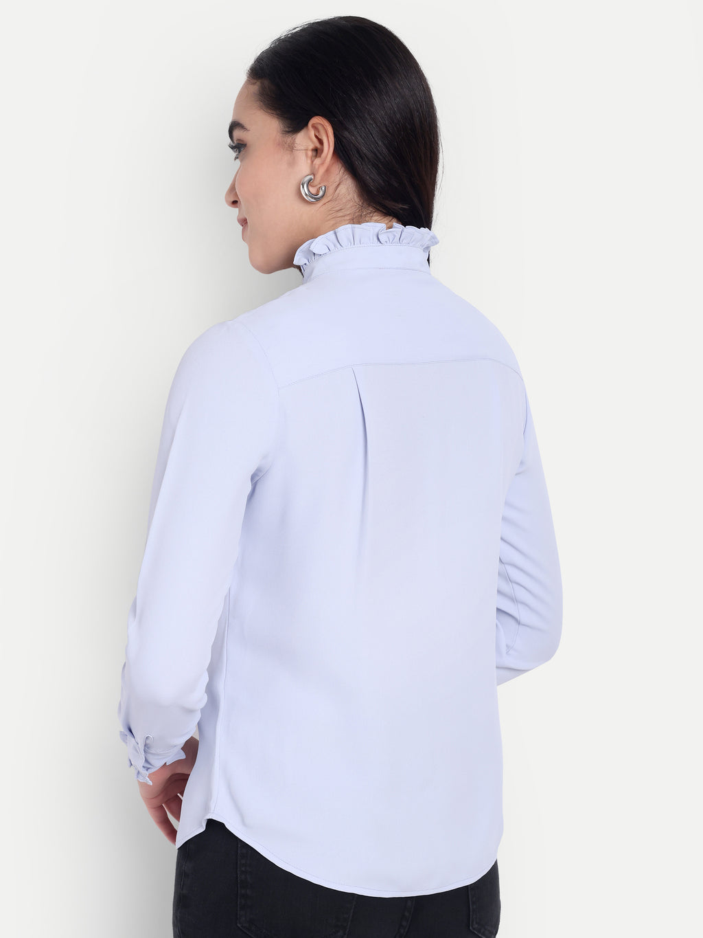 Women's Light Blue Ruffle Collar Shirt | Elegant Formal & Casual Top with Long Sleeves