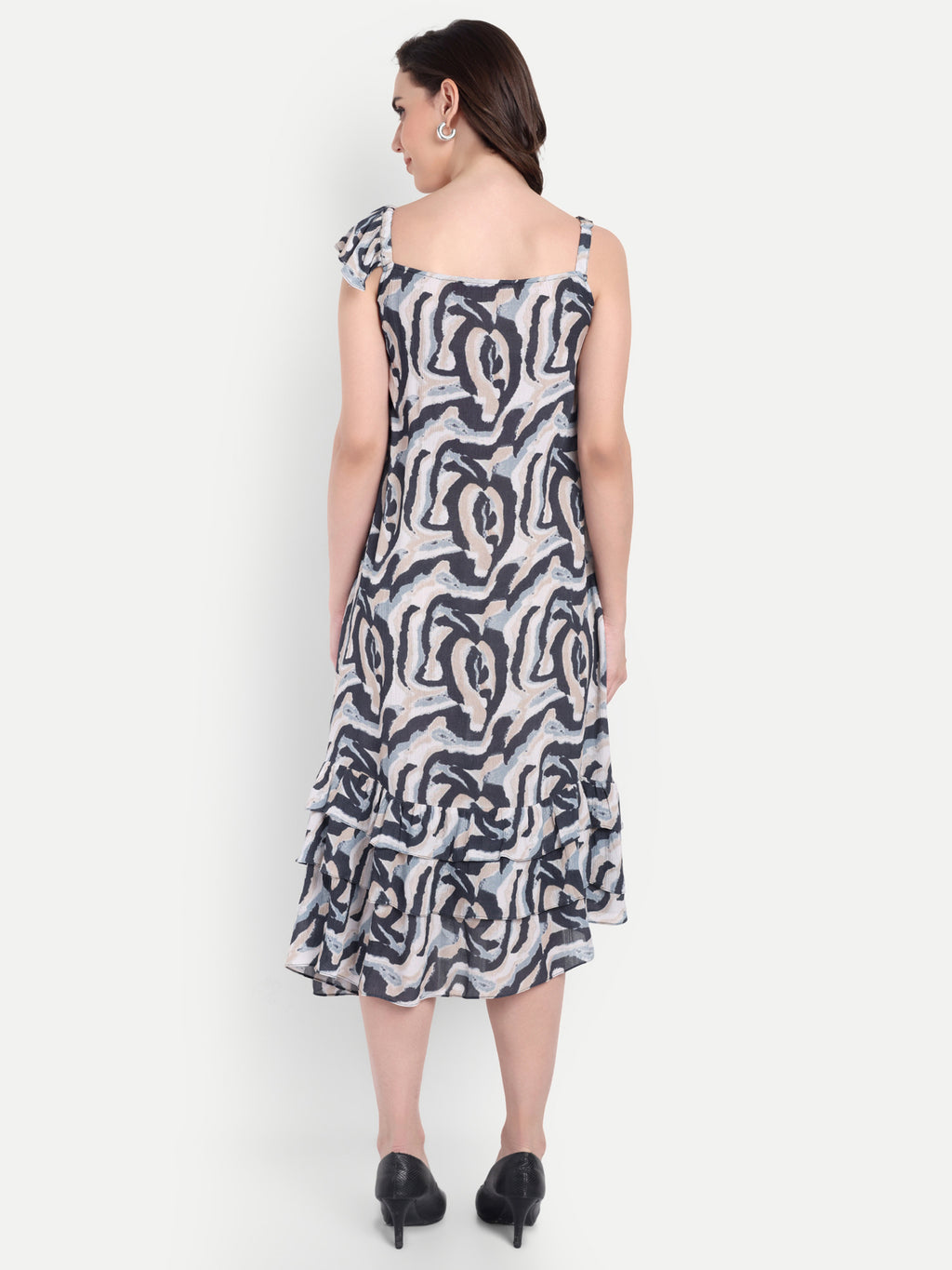 Women's Back And White Printed  Ruffle Dress | Sleeveless | Stylish Summer & Party Wear (Copy)