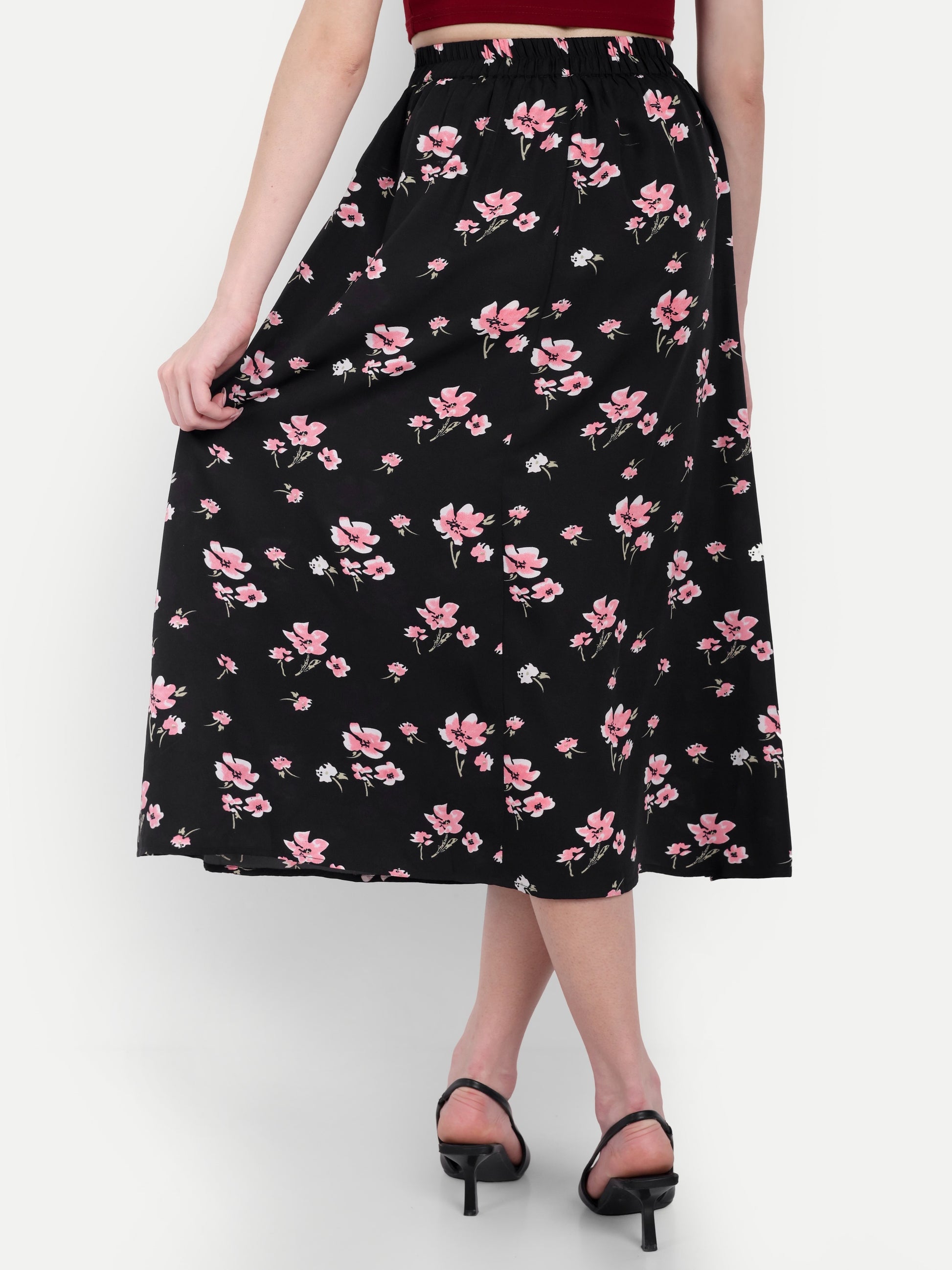 Women's Black Floral Midi Skirt | Casual & Party Wear