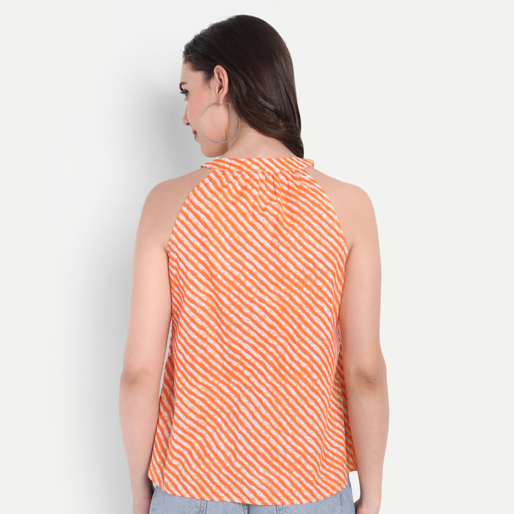 FairLeaf Women's Halter orange Top with Button-Down High Neckline| Sleeveless Elegant Summer Tunic for Casual, & Office Wear| Stylish OrangeTops for Women