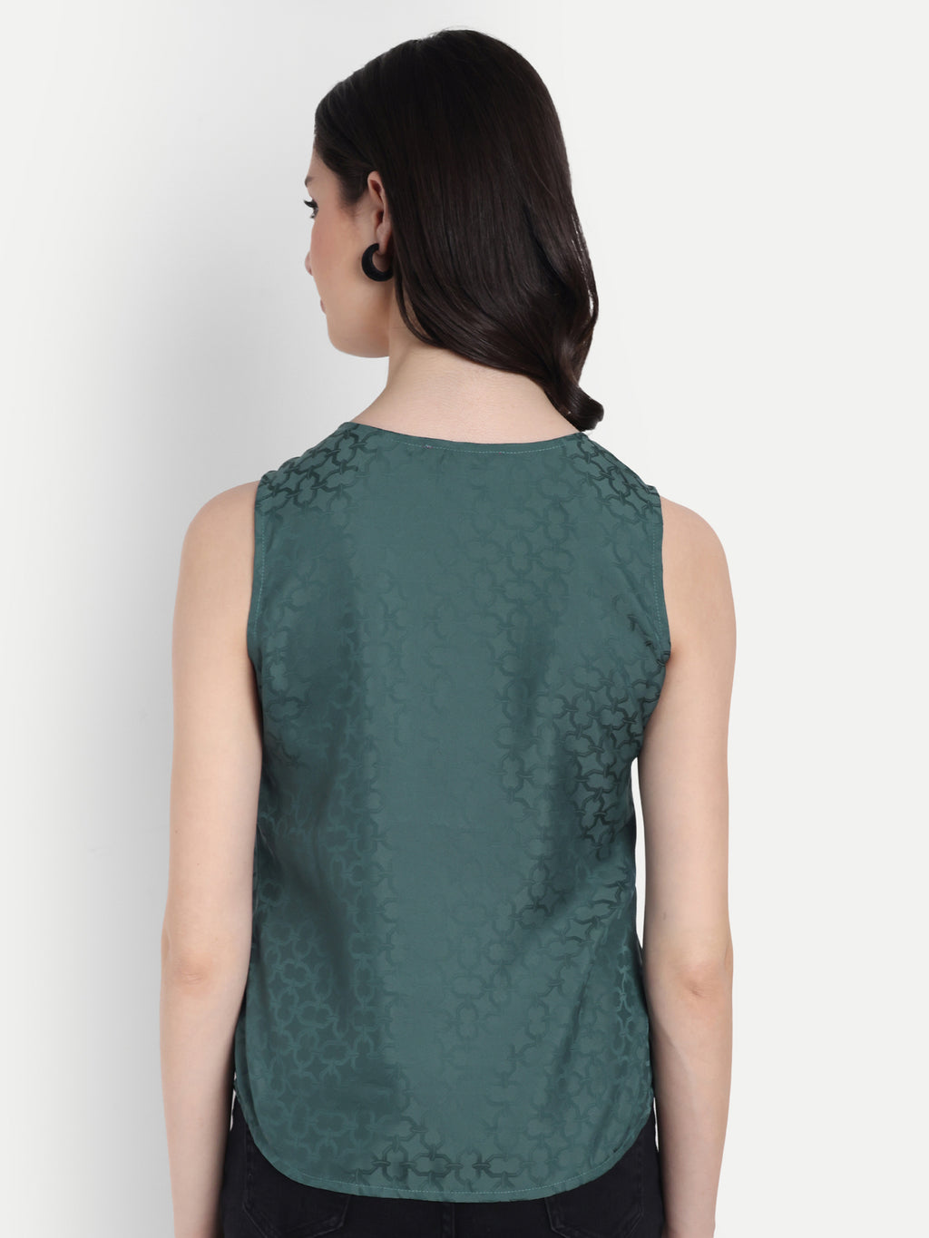 Women's Dark Green Sleeveless Top | Subtle Pattern | Elegant Round Neck for Casual & Office Wear