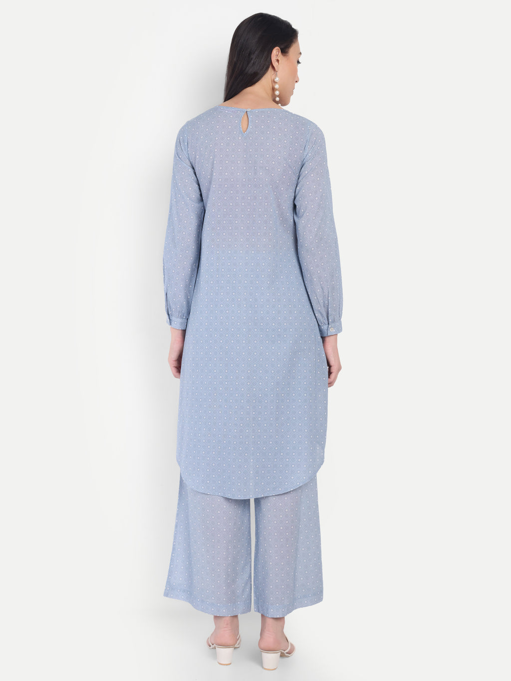 Women's Blue Dotted Printed Ethnic Co-ord Set | Asymmetrical Long Kurta with Wide-Leg Pants