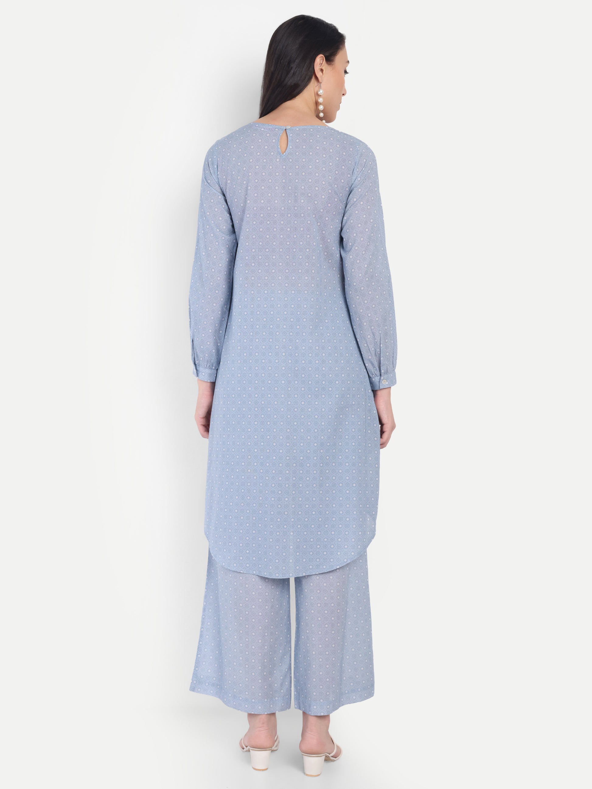 Women's Blue Dotted Printed Ethnic Co-ord Set | Asymmetrical Long Kurta with Wide-Leg Pants