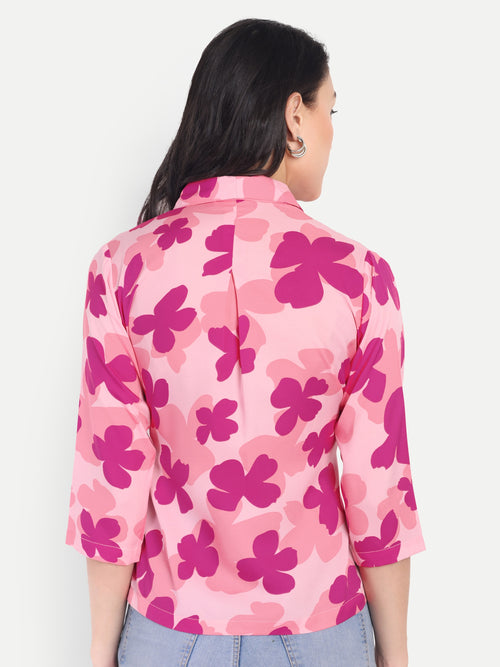 FairLeaf Women's Collar Top with Button – |100% Pure Cotton|Light weight Pink Color Top Relaxed Fit Floral Print – Stylish Casual Summer Western Wear for Women