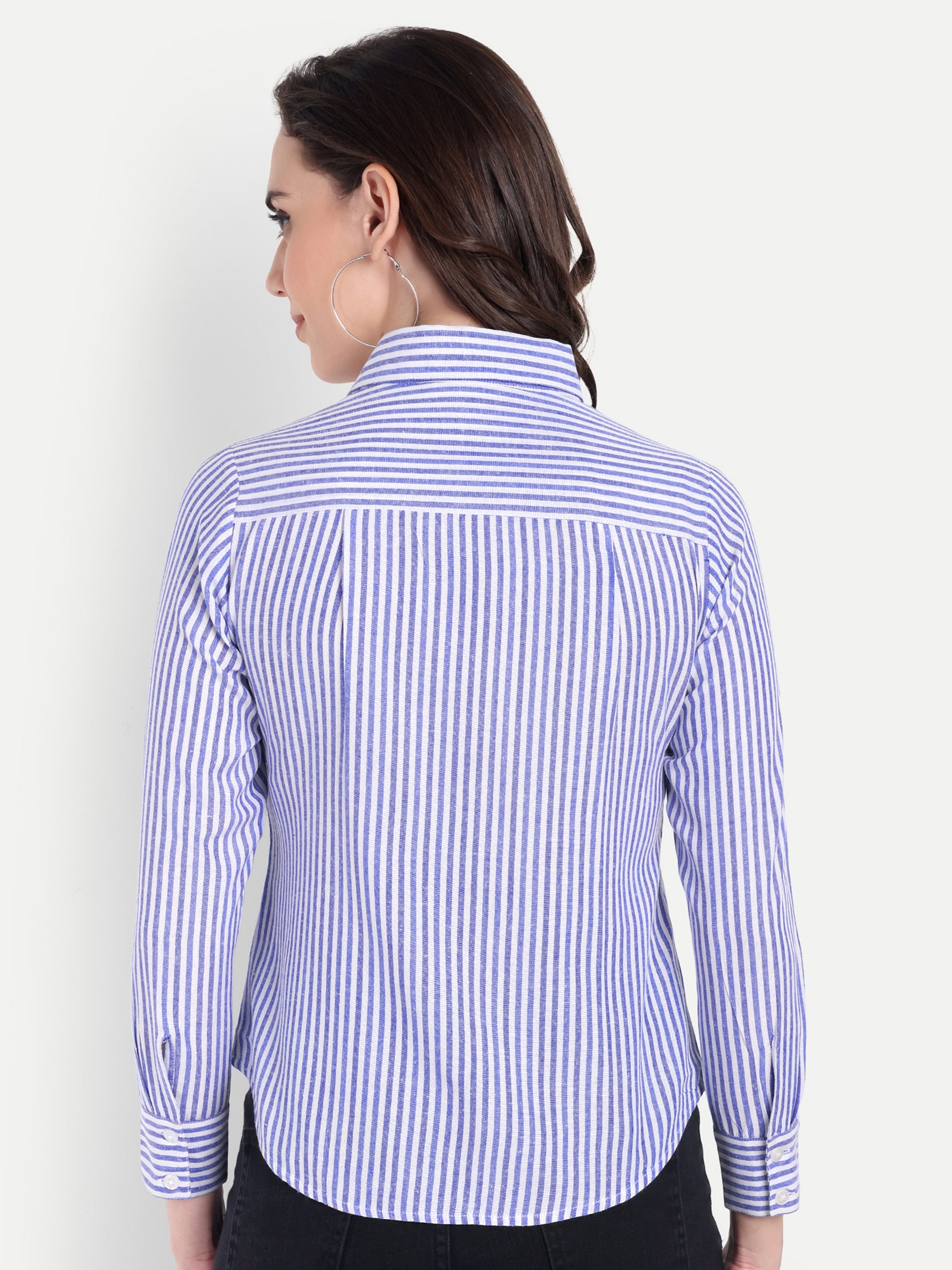 Women's White & BLUE Striped Button-Down Shirt – Long Sleeve | Casual & Office Wear