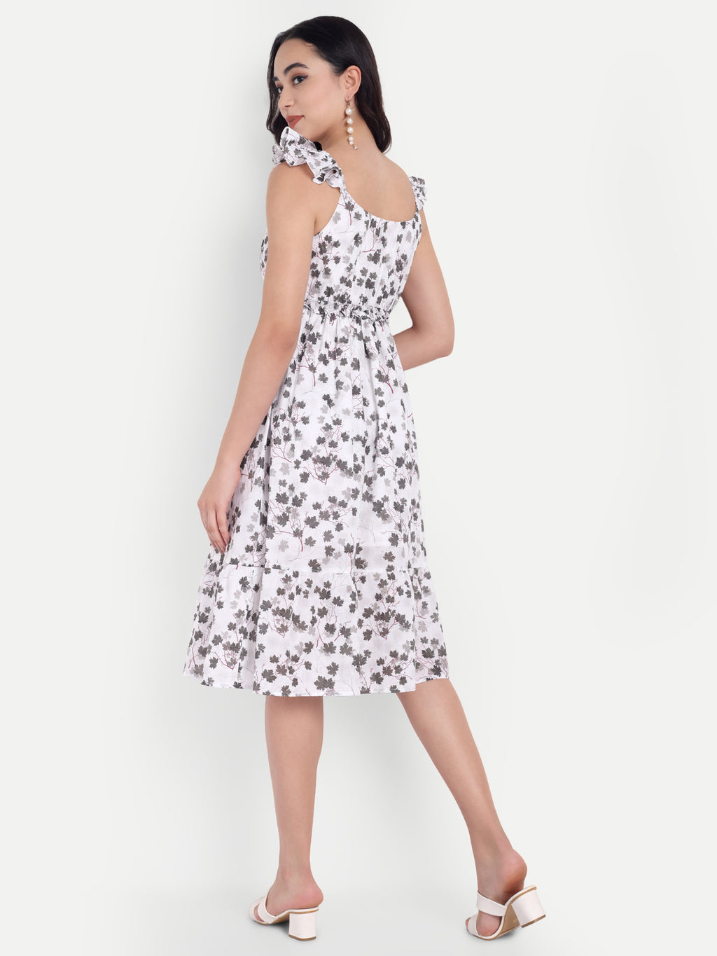 Women's white Floral Midi Dress | Sleeveless Ruffle Straps | Elegant Casual & Summer Wear