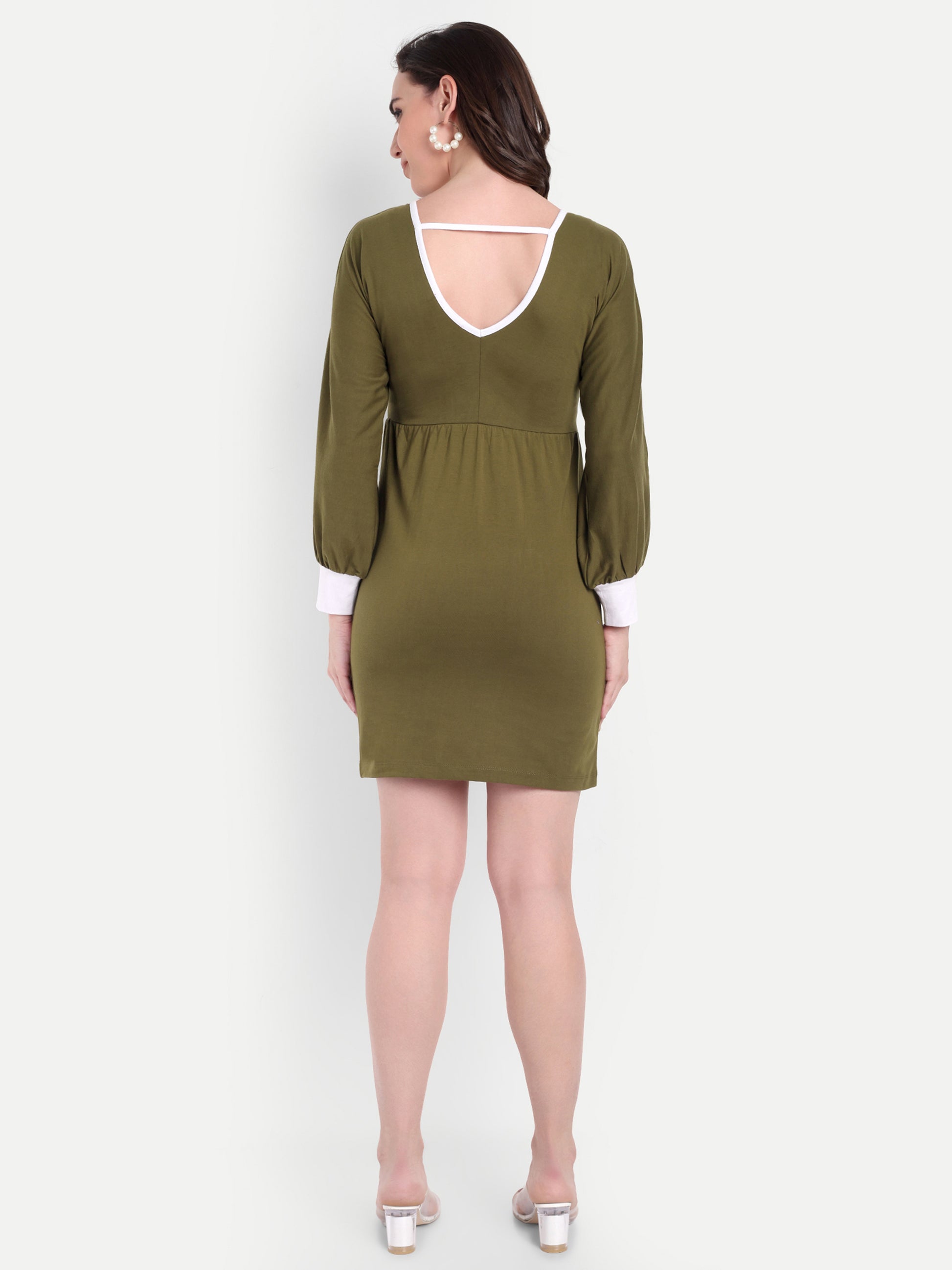 Women's Olive Bodycon Mini Dress | V-Neck | Long Sleeve | Casual & Party Wear