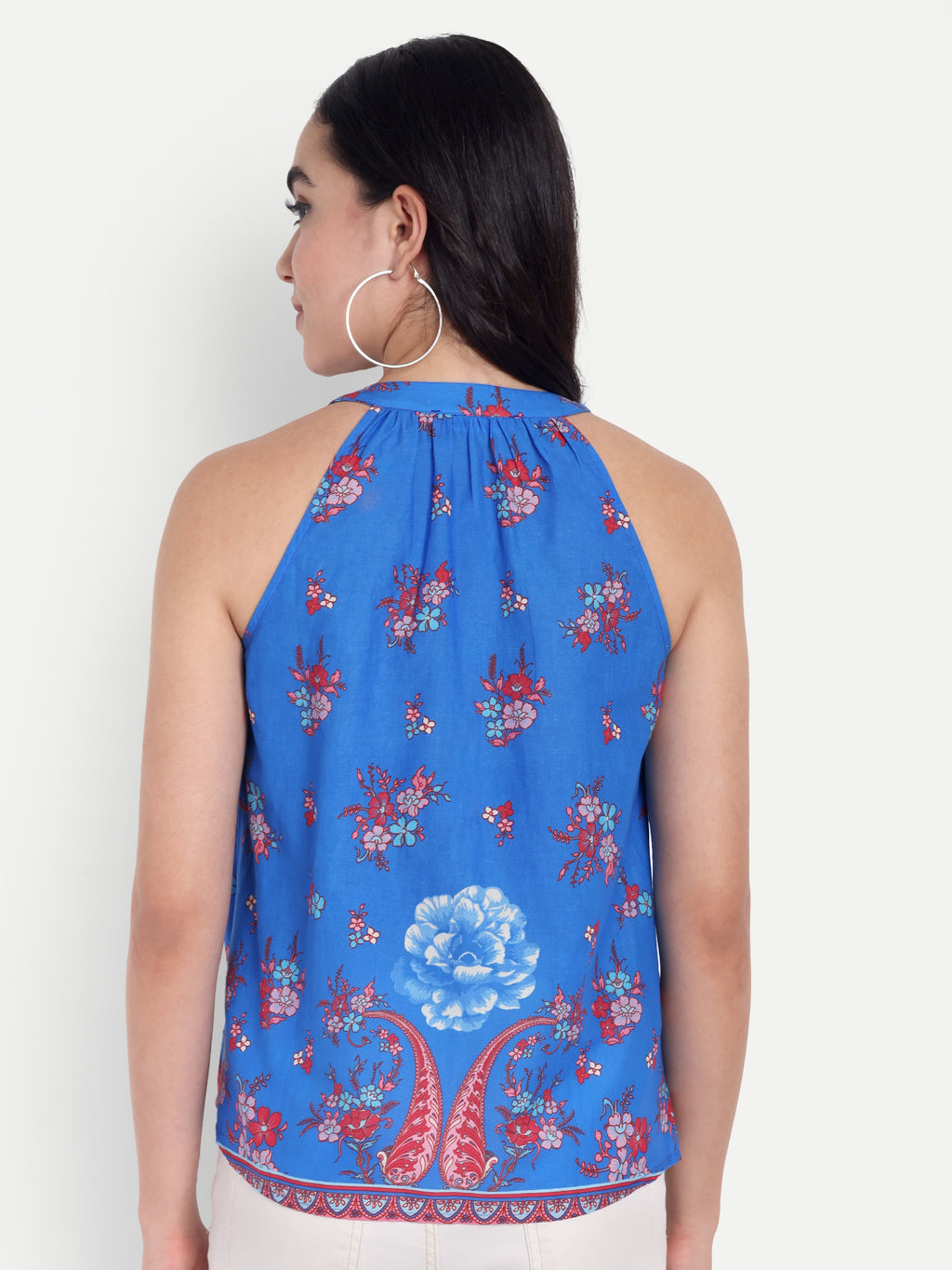 FairLeaf Women's Halter Neck Floral Print Top | Sleeveless Elegant Summer Blue Floral Tunic for Casual, & Office Wear
