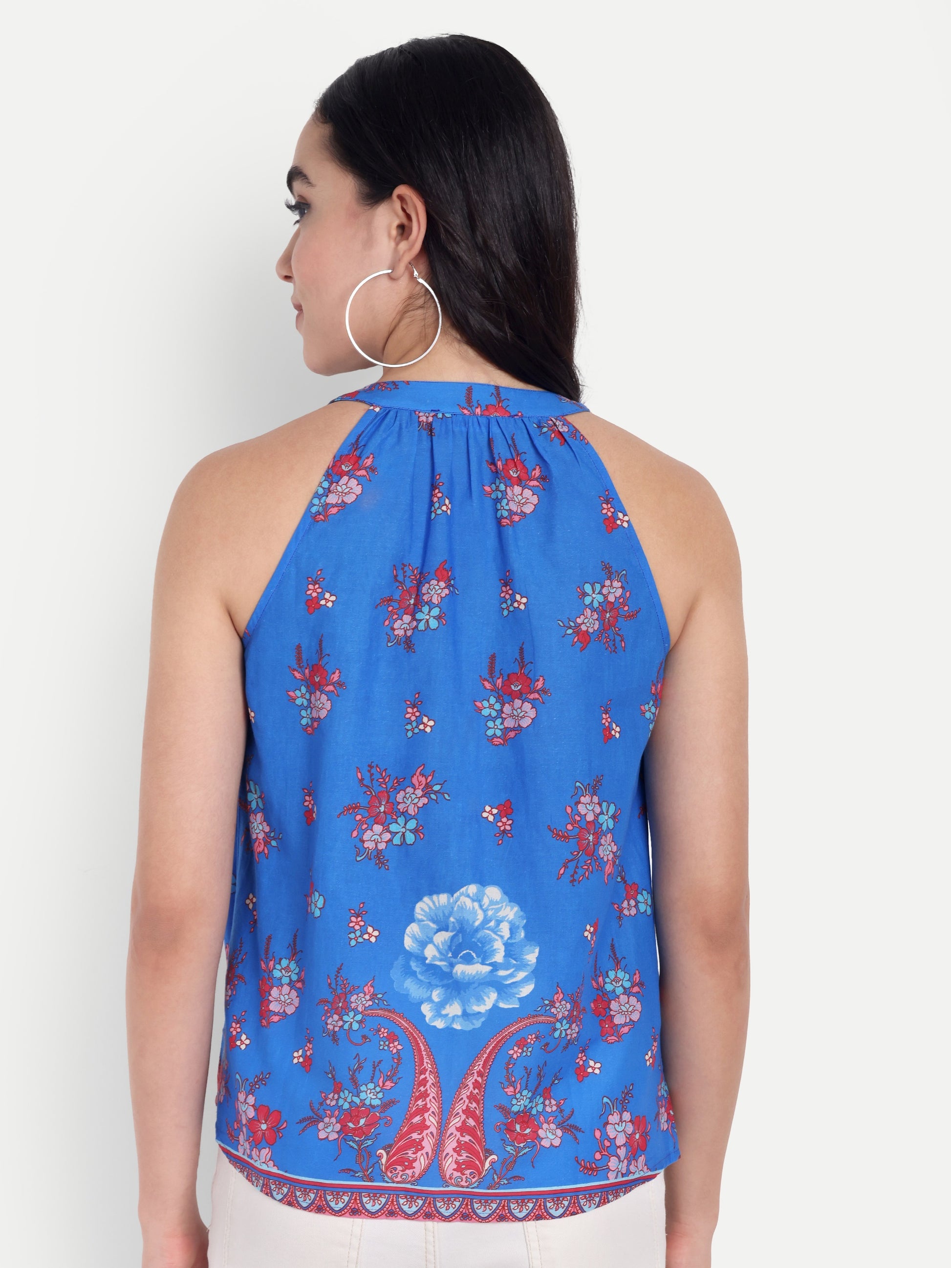 FairLeaf Women's Halter Neck Floral Print Top | Sleeveless Elegant Summer Blue Floral Tunic for Casual, & Office Wear