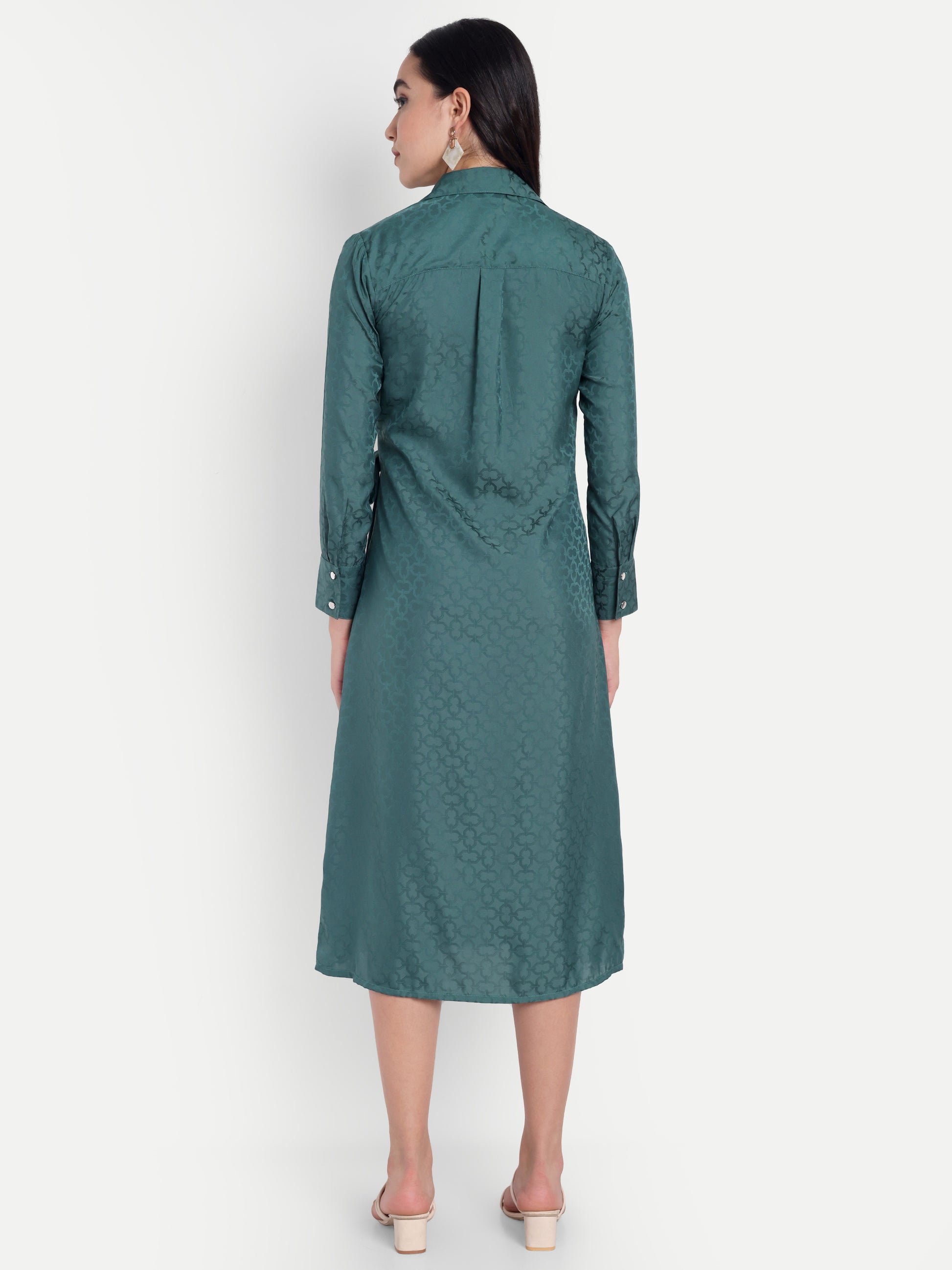 Women's Teal Jacquard Wrap Midi Dress | Long Sleeve | Belt Tie Waist
