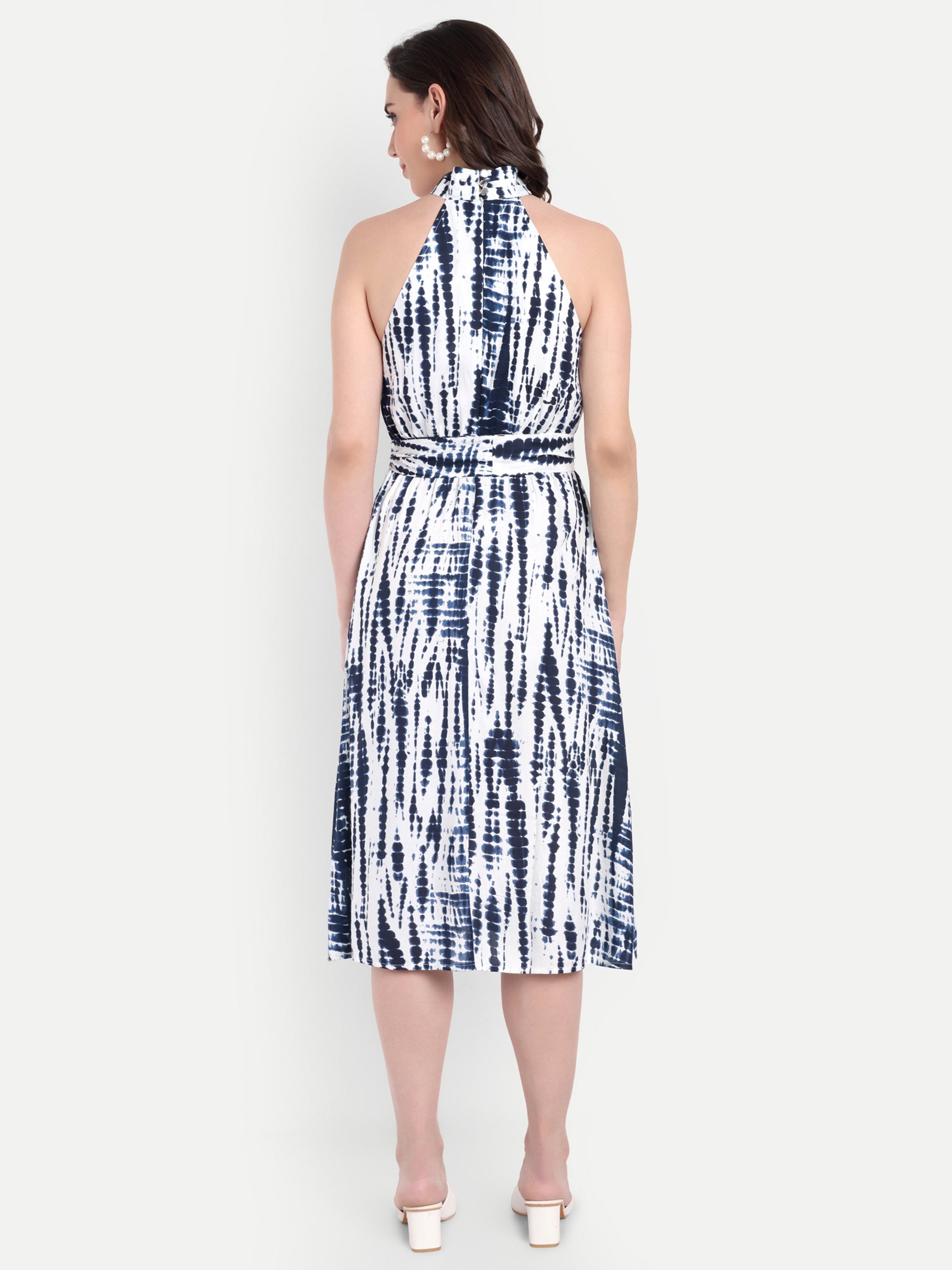 Women's blue & White Halter Neck Midi Dress | Belted Waist | Resort & Summer Wear