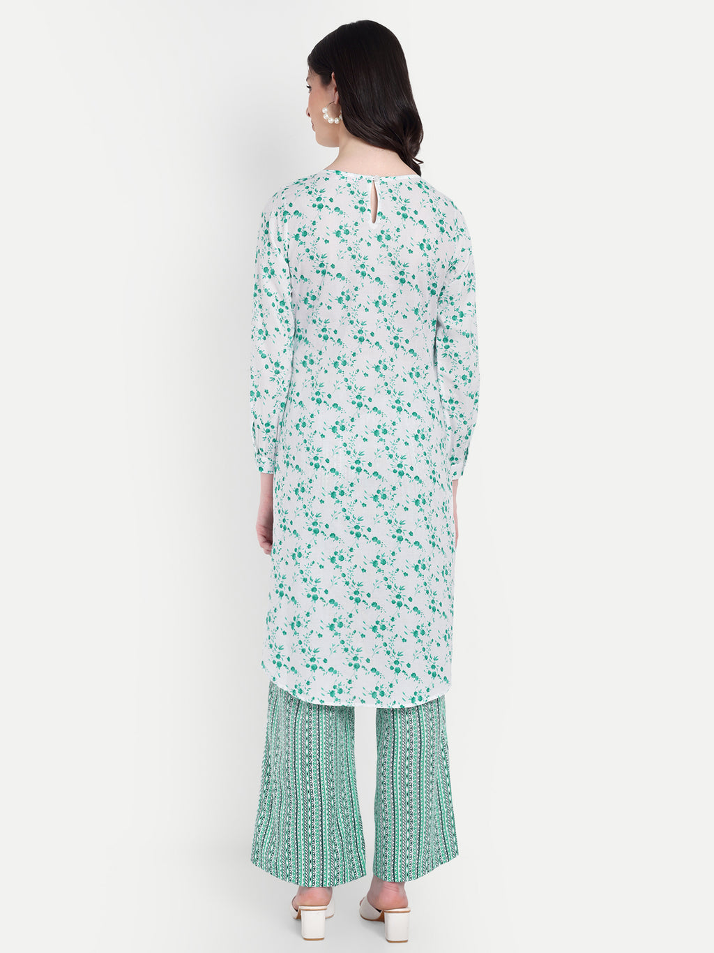 Women's Green White Printed Ethnic Co-ord Set | Asymmetrical Long Kurta with Wide-Leg Pants