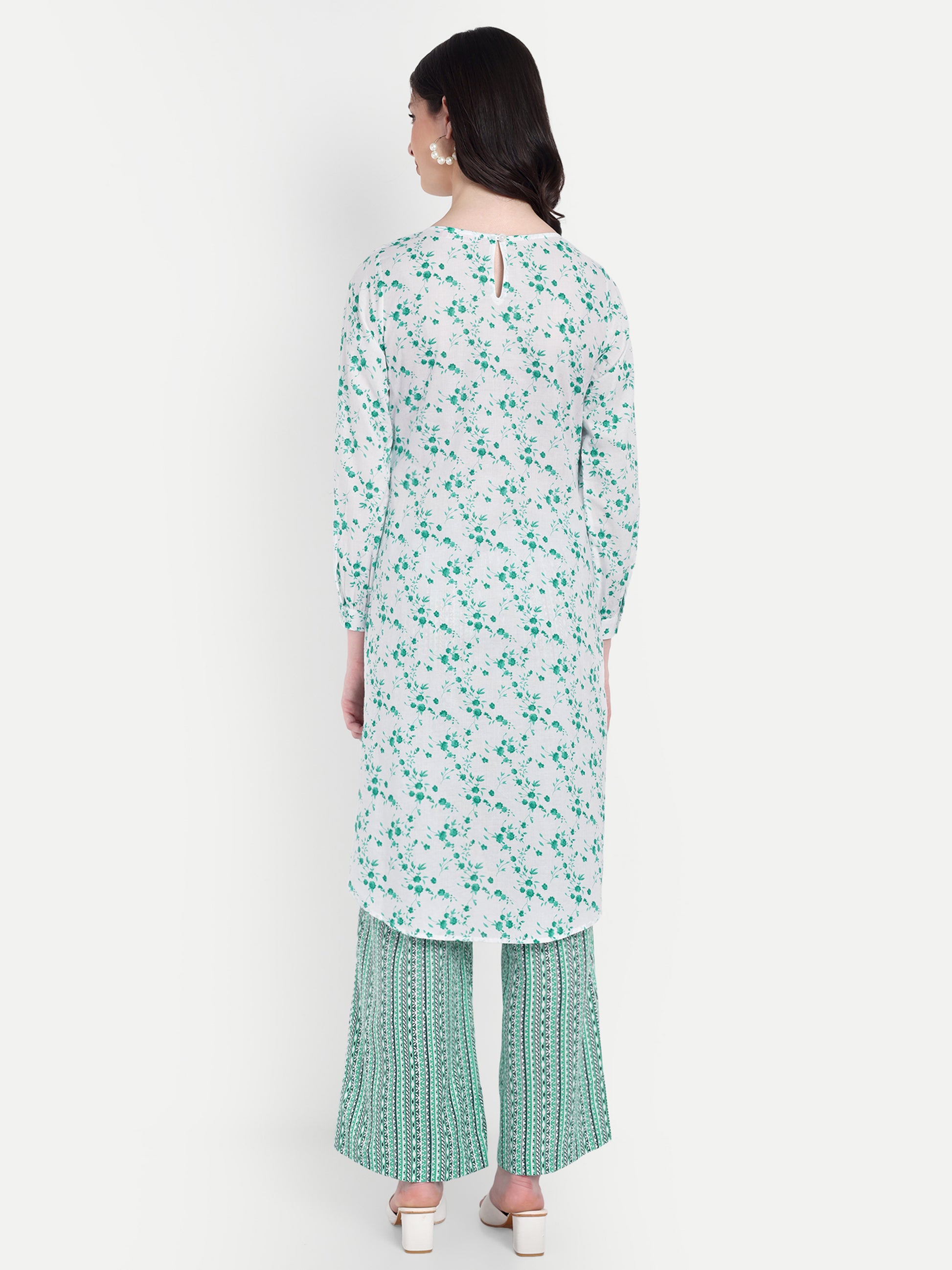 Women's Green White Printed Ethnic Co-ord Set | Asymmetrical Long Kurta with Wide-Leg Pants