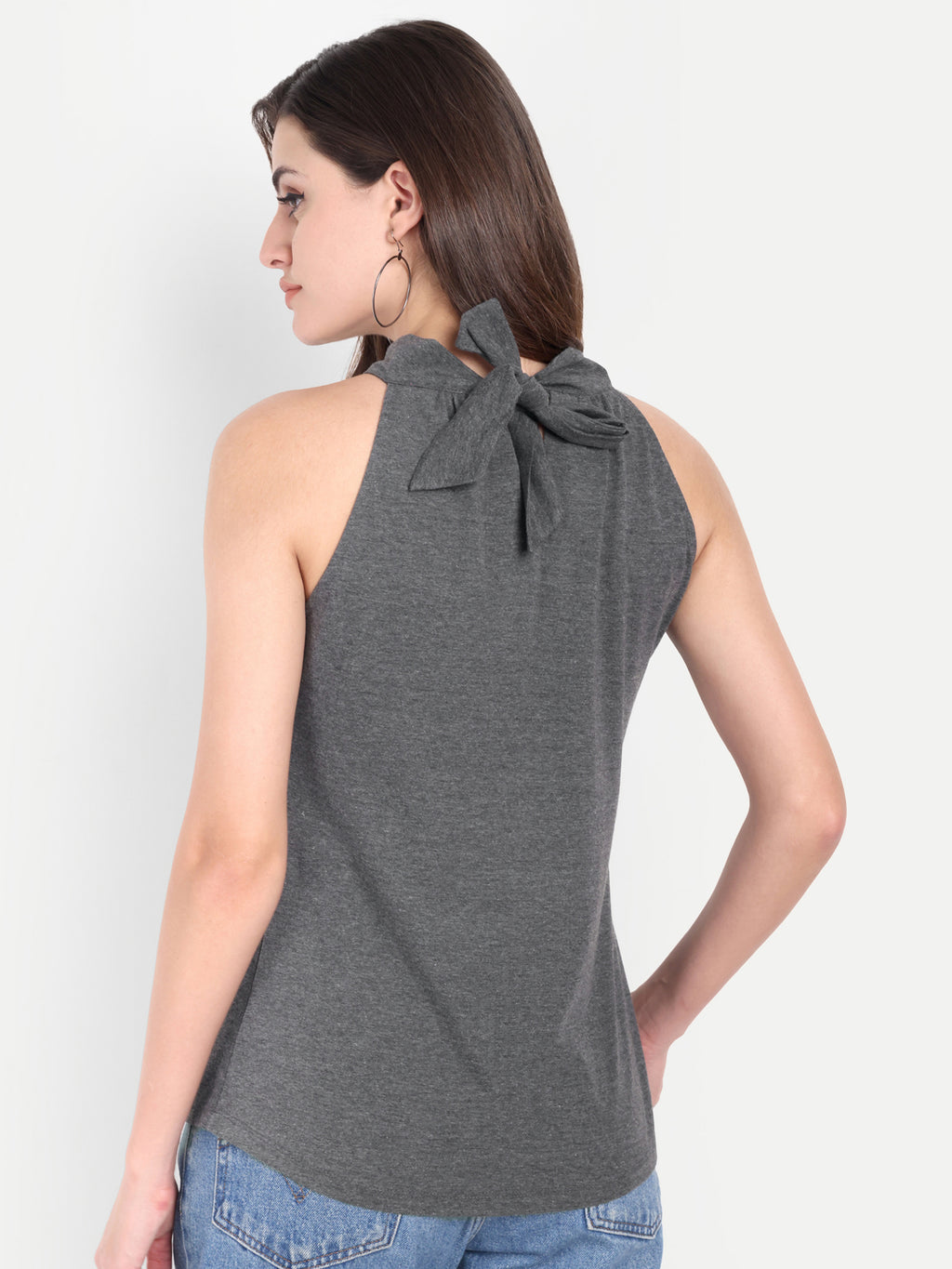 Women's Dark Grey Floral Halter Neck Sleeveless Top | Casual & Party Wear