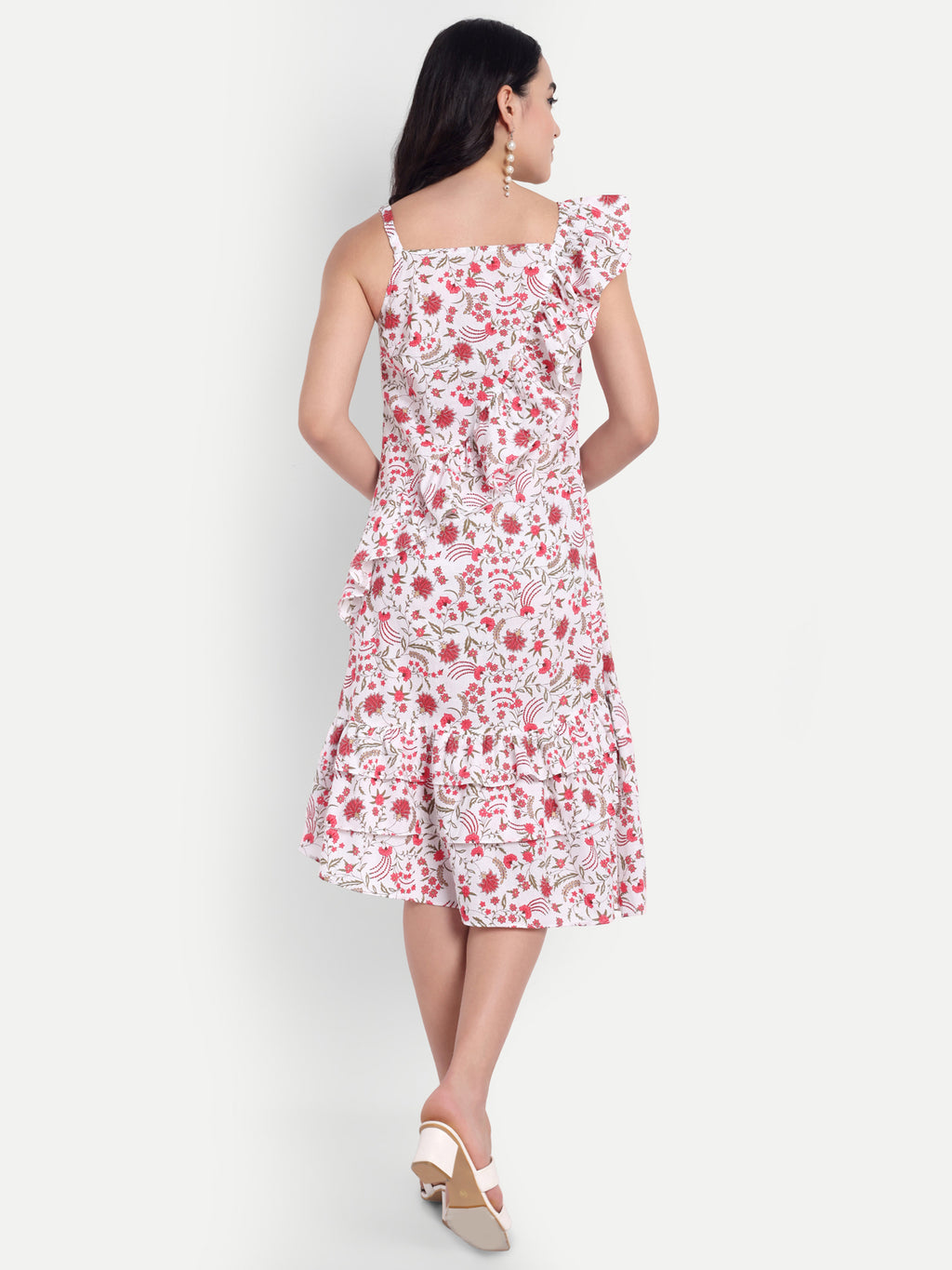 White & Pink Floral Ruffle Hem Midi Dress with One-Shoulder Bow Strap