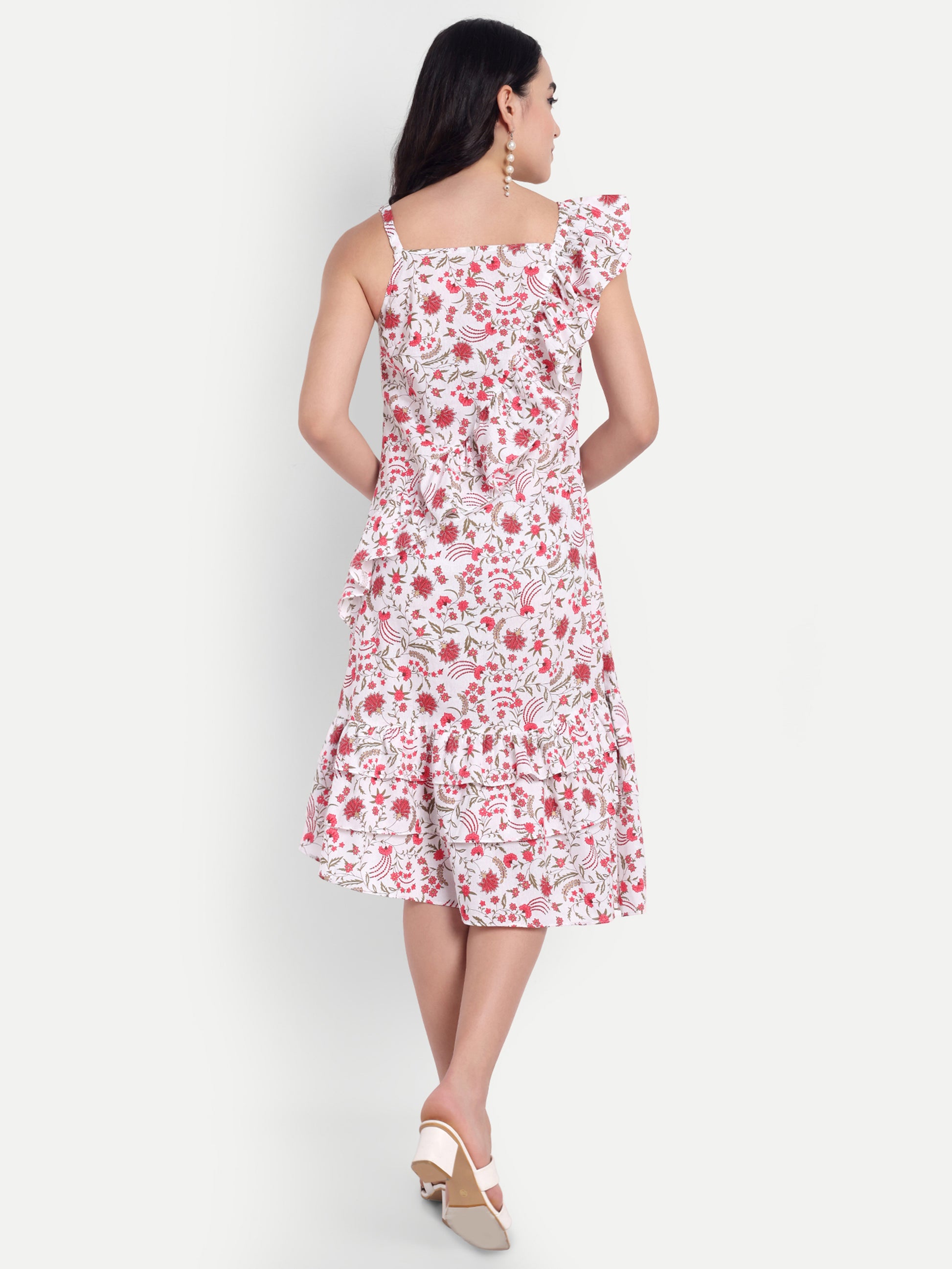 White & Pink Floral Ruffle Hem Midi Dress with One-Shoulder Bow Strap