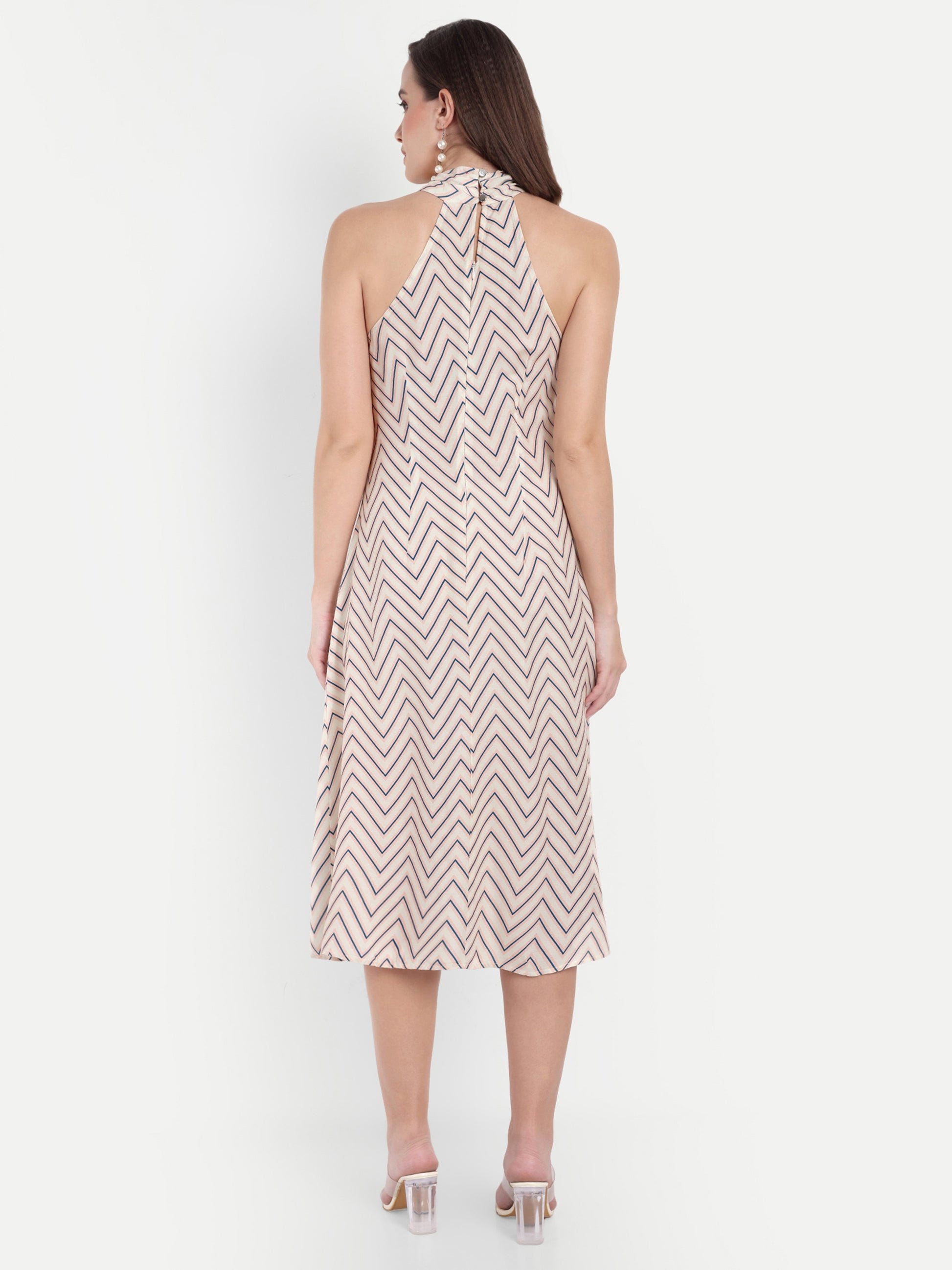 Women's Biege Halter Neck Midi Dress | Sleeveless Summer Dress