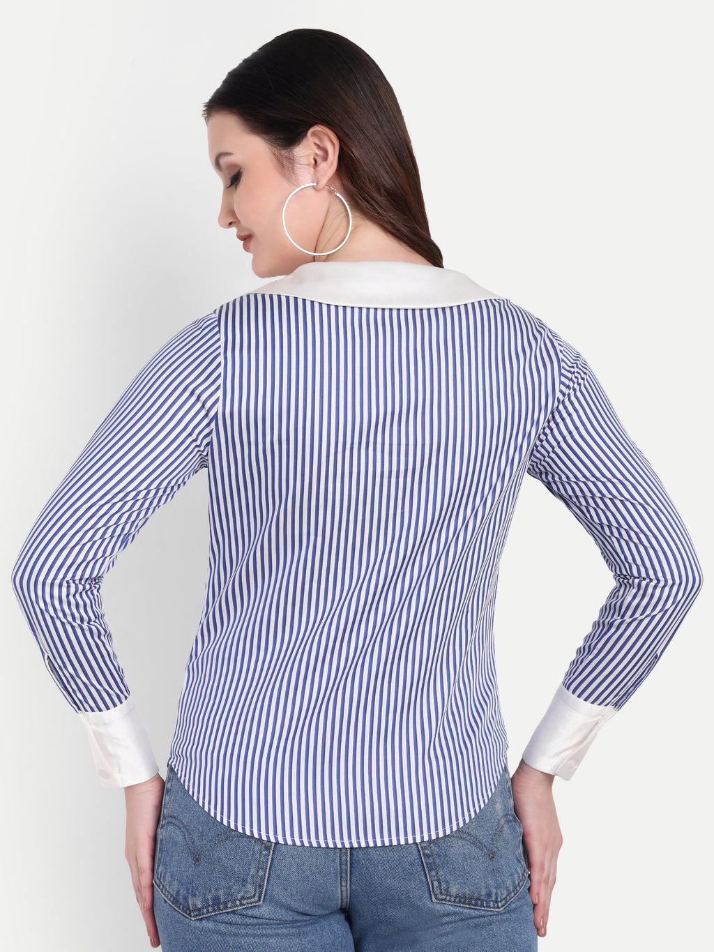 Women's Navy Blue & White Striped Button-Down Shirt – Long Sleeve | Smart Casual & Office Wear