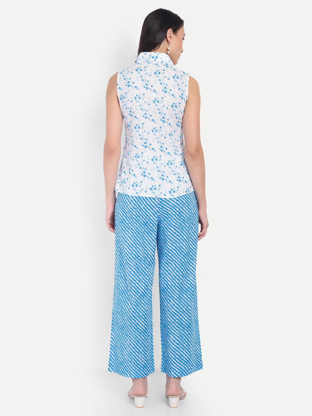 Women's Blue Floral Sleeveless Shirt with Pink Printed Wide-Leg Pants | Comfortable Summer Co-ord Sets