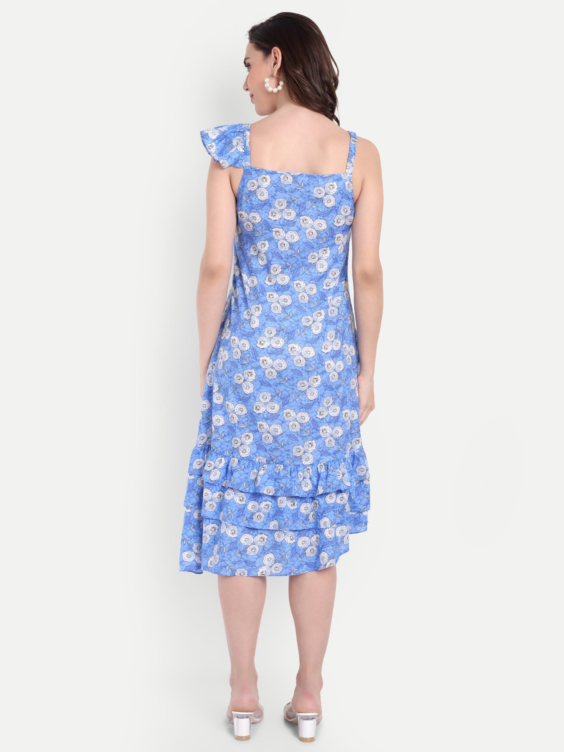 Women's Blue Printed One-Shoulder Ruffle Dress | Sleeveless | Stylish Summer & Party Wear