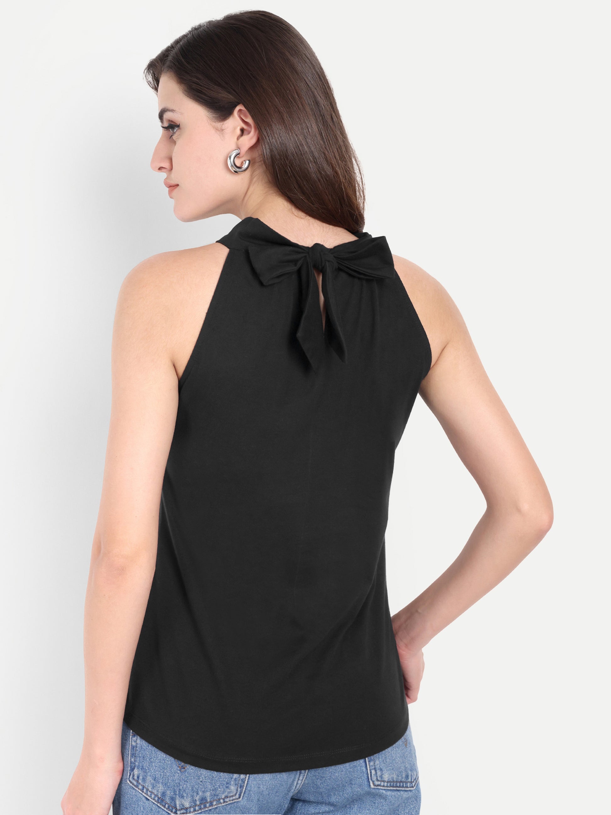 Women's Black Halter Floral Note Neck Sleeveless Top | Casual & Party Wear