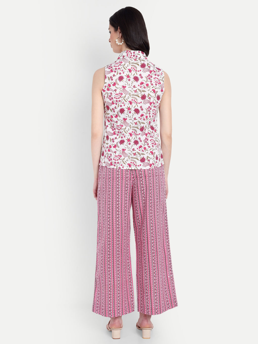 Women's Pink Floral Sleeveless Shirt with Pink Printed Wide-Leg Pants | Comfortable Summer Co-ord Sets
