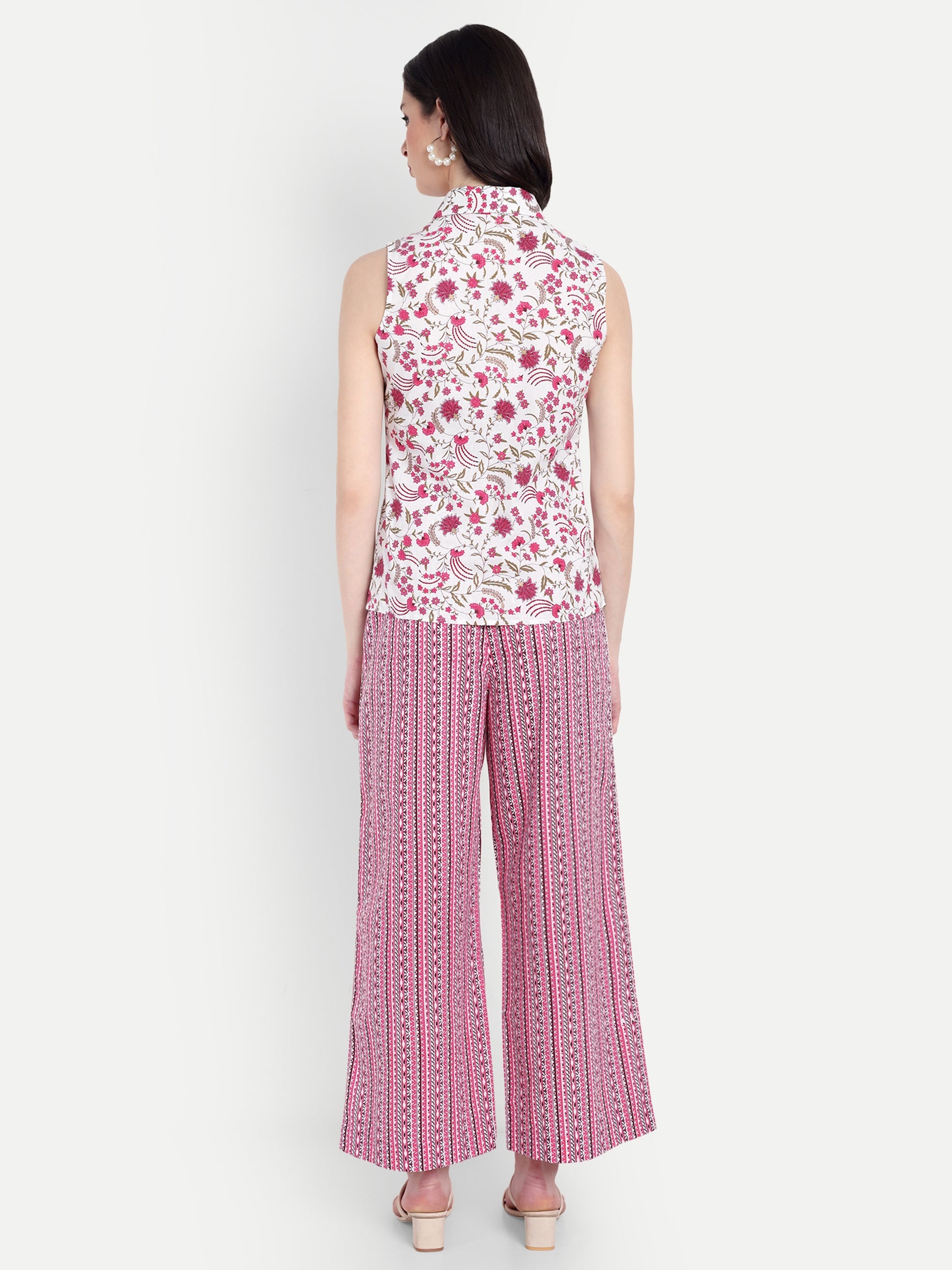 Women's Pink Floral Sleeveless Shirt with Pink Printed Wide-Leg Pants | Comfortable Summer Co-ord Sets