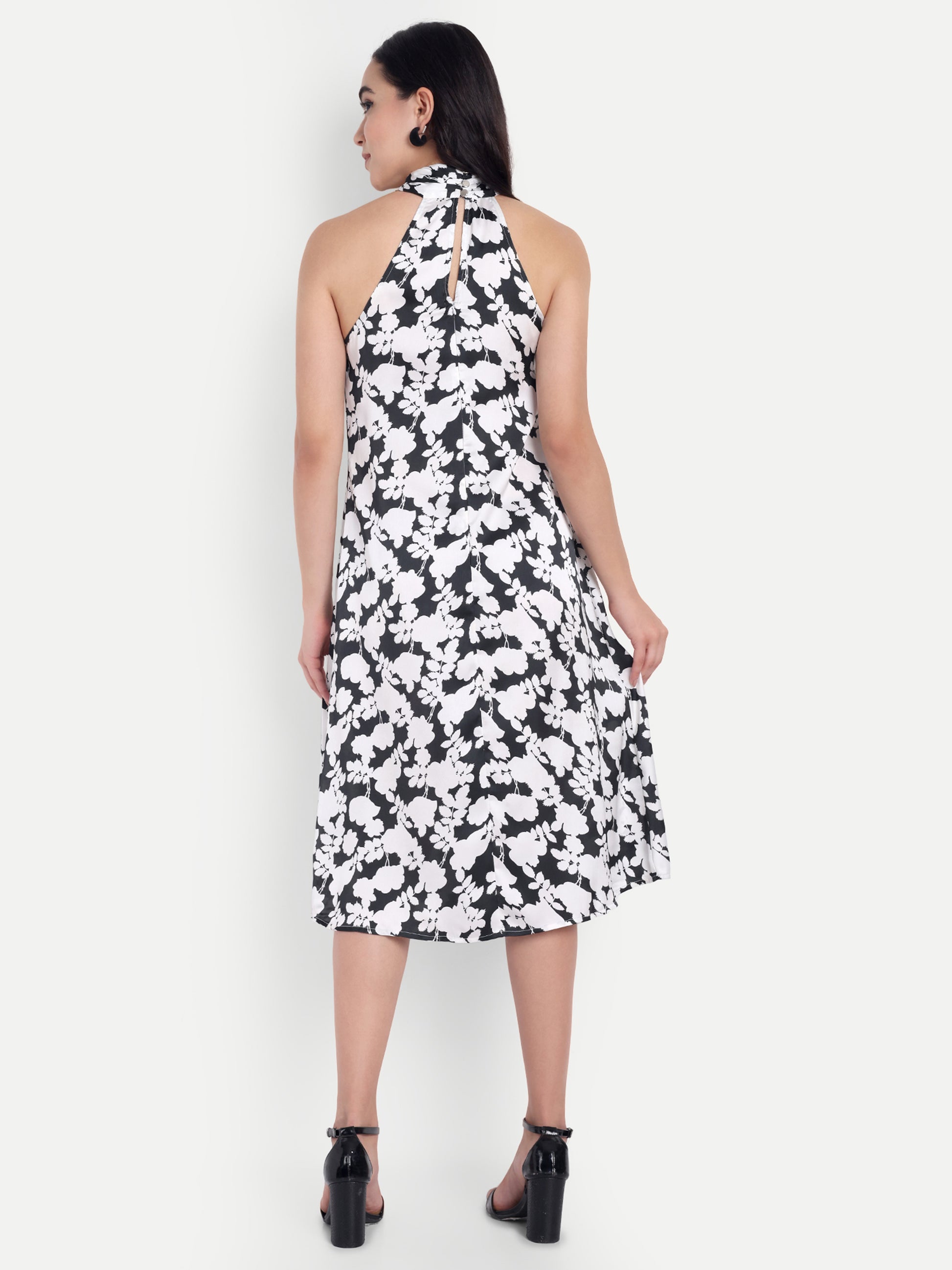 Women's Black & White Floral Halter Neck Midi Dress | Elegant Sleeveless Party Wear