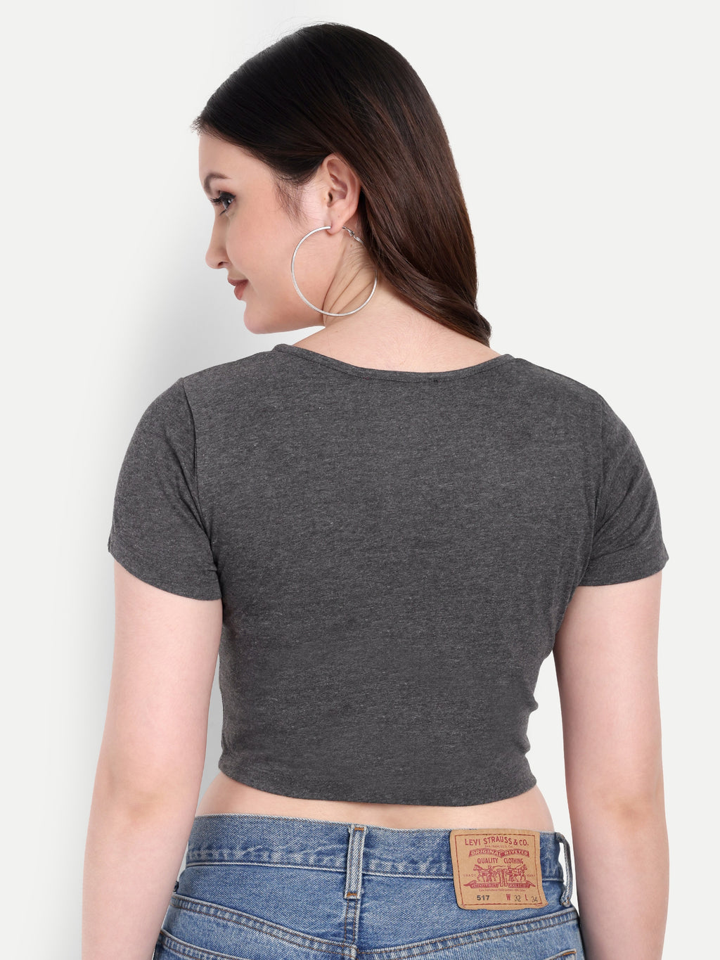 Women's Dark Grey Crop Top with Scoop Neck & Short Sleeves