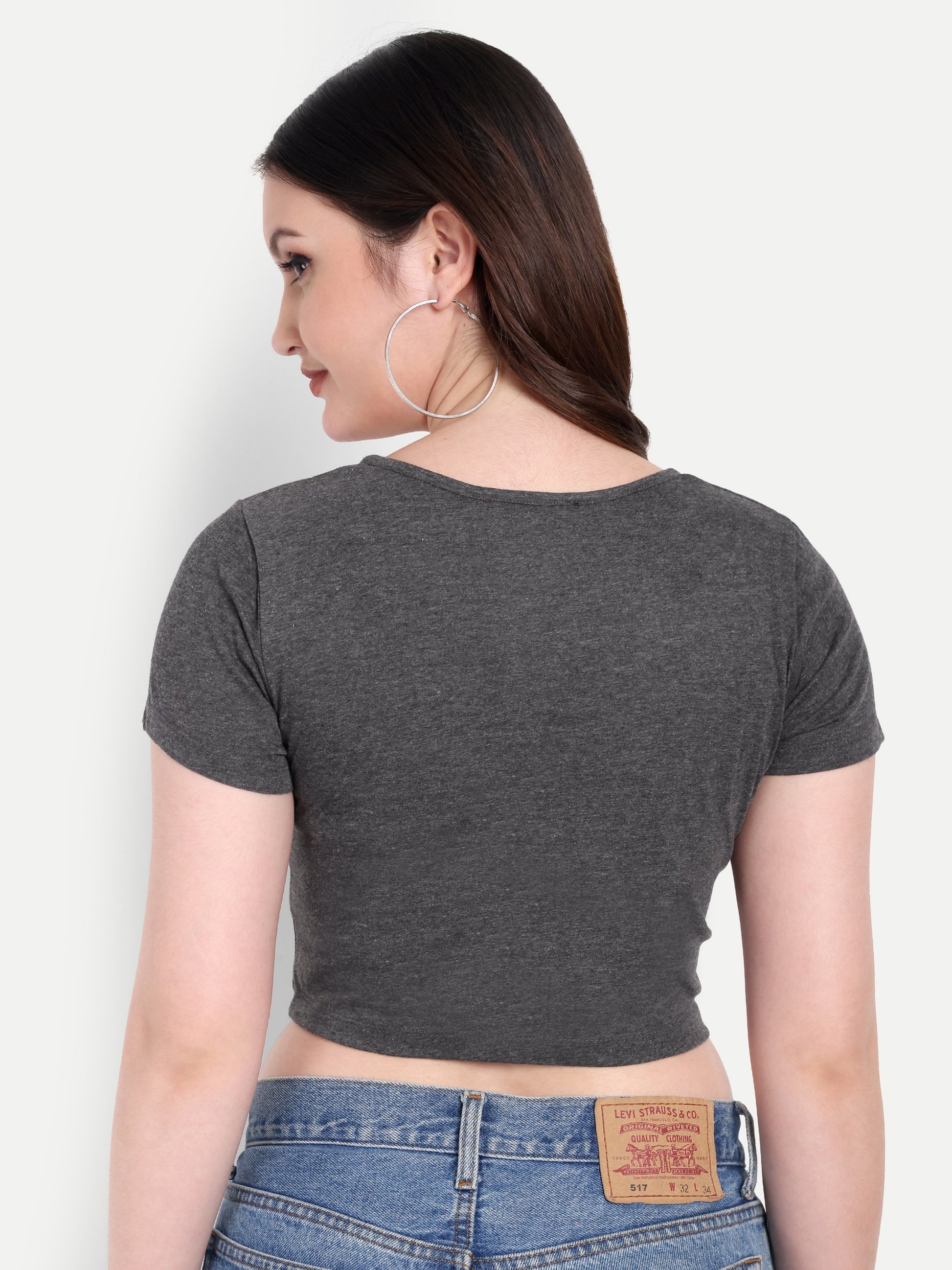 Women's Dark Grey Crop Top with Scoop Neck & Short Sleeves