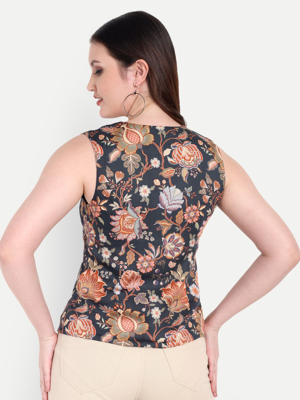 FairLeaf Women's V-Neck Sleeveless Waist Top – |100% Pure Cotton|Lightweight Relaxed Fit with Abstract Paisley Print – Stylish Casual for Women