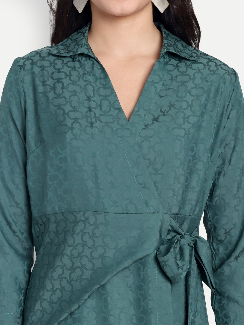 Women's Teal Jacquard Wrap Midi Dress | Long Sleeve | Belt Tie Waist