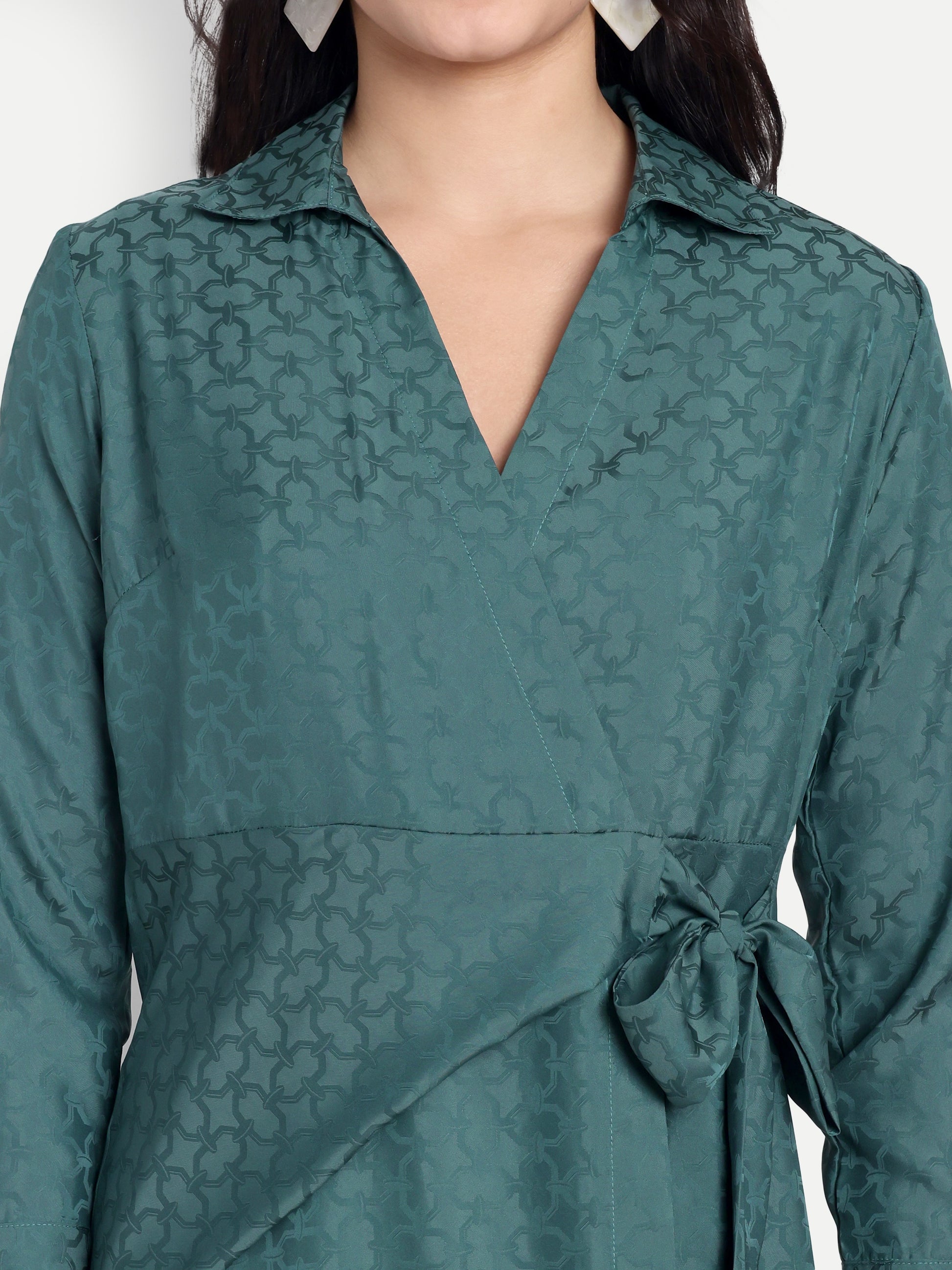 Women's Teal Jacquard Wrap Midi Dress | Long Sleeve | Belt Tie Waist