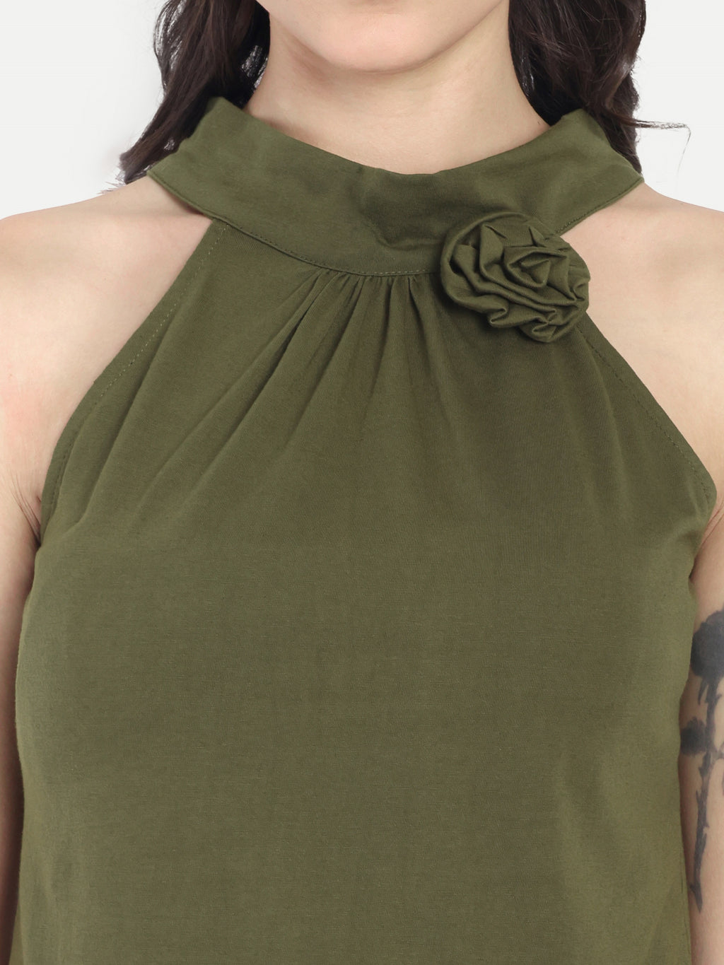 Women's Olive Halter Neck Sleeveless Top | Casual & Party Wear