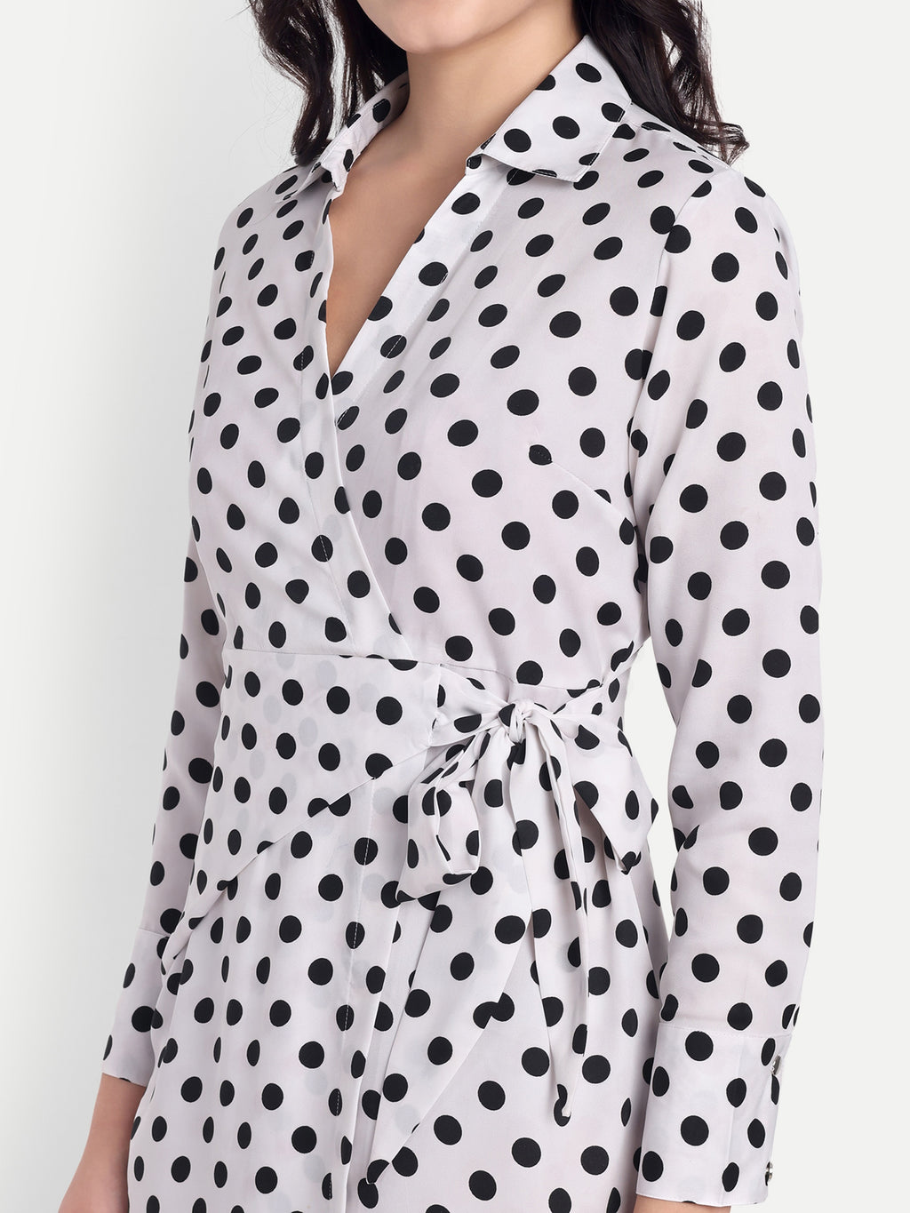 Women's  white and black Dress | Long Sleeve | Belt Tie Waist