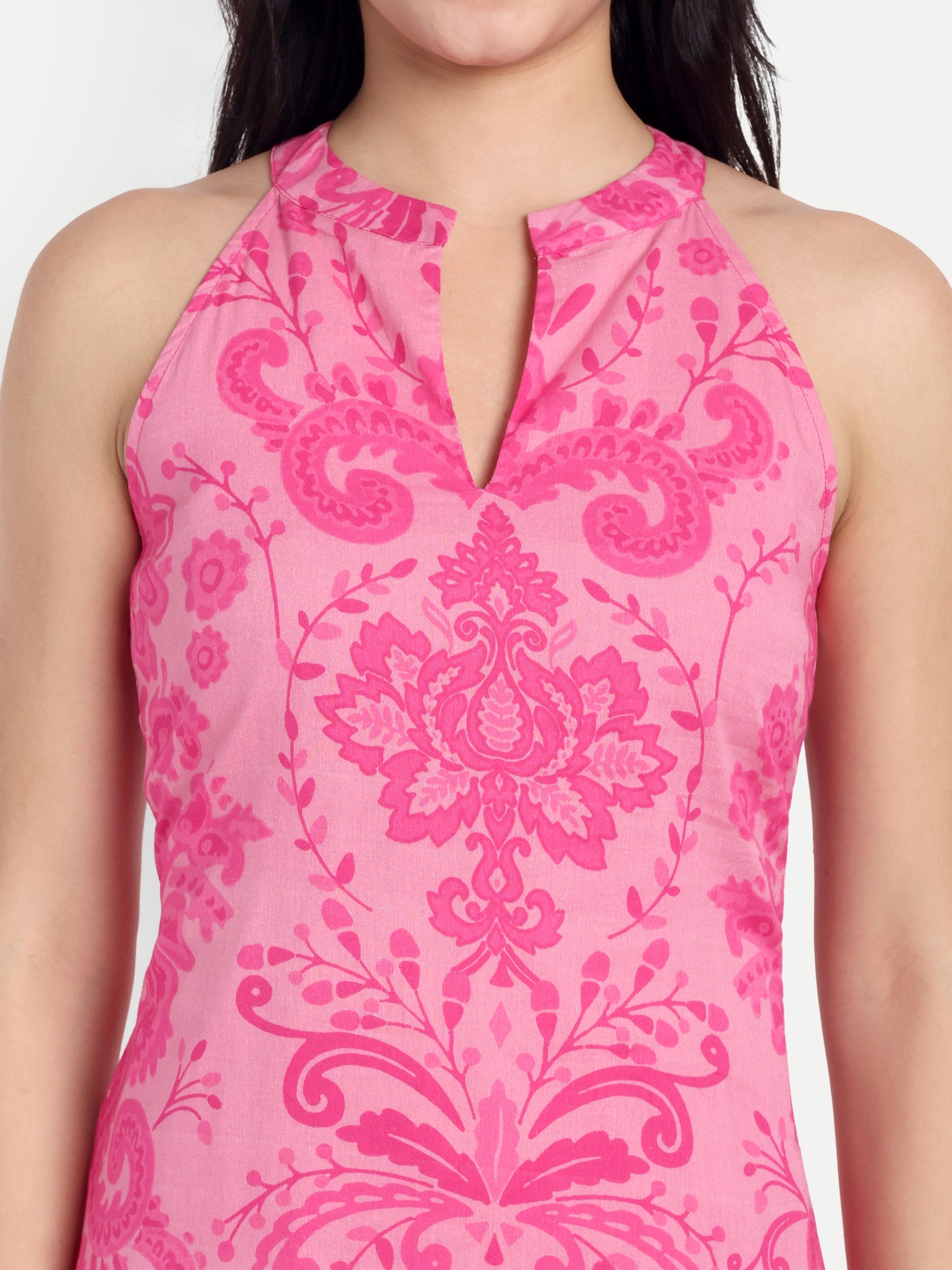 Women's Pink Floral Sleeveless Halter Neck Dress | Tiered Hem | Summer Casual & Party Wear